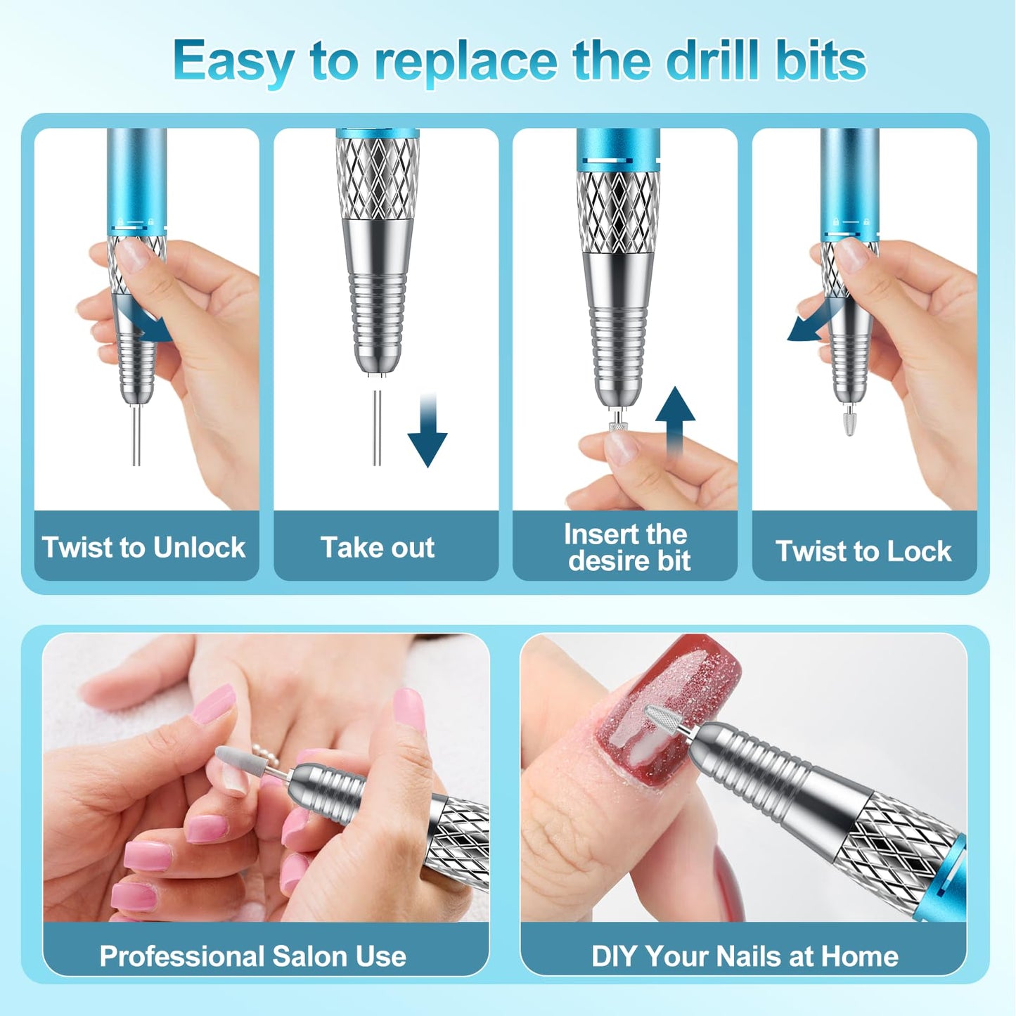 Electric Nail Drill Machine Professional, Cordless Rechargeable Nail Drill Kit Low Heat Quiet E-File for Acrylic Gel Polishing Removing with Bits Kit for Manicure Salon Home (Blue)