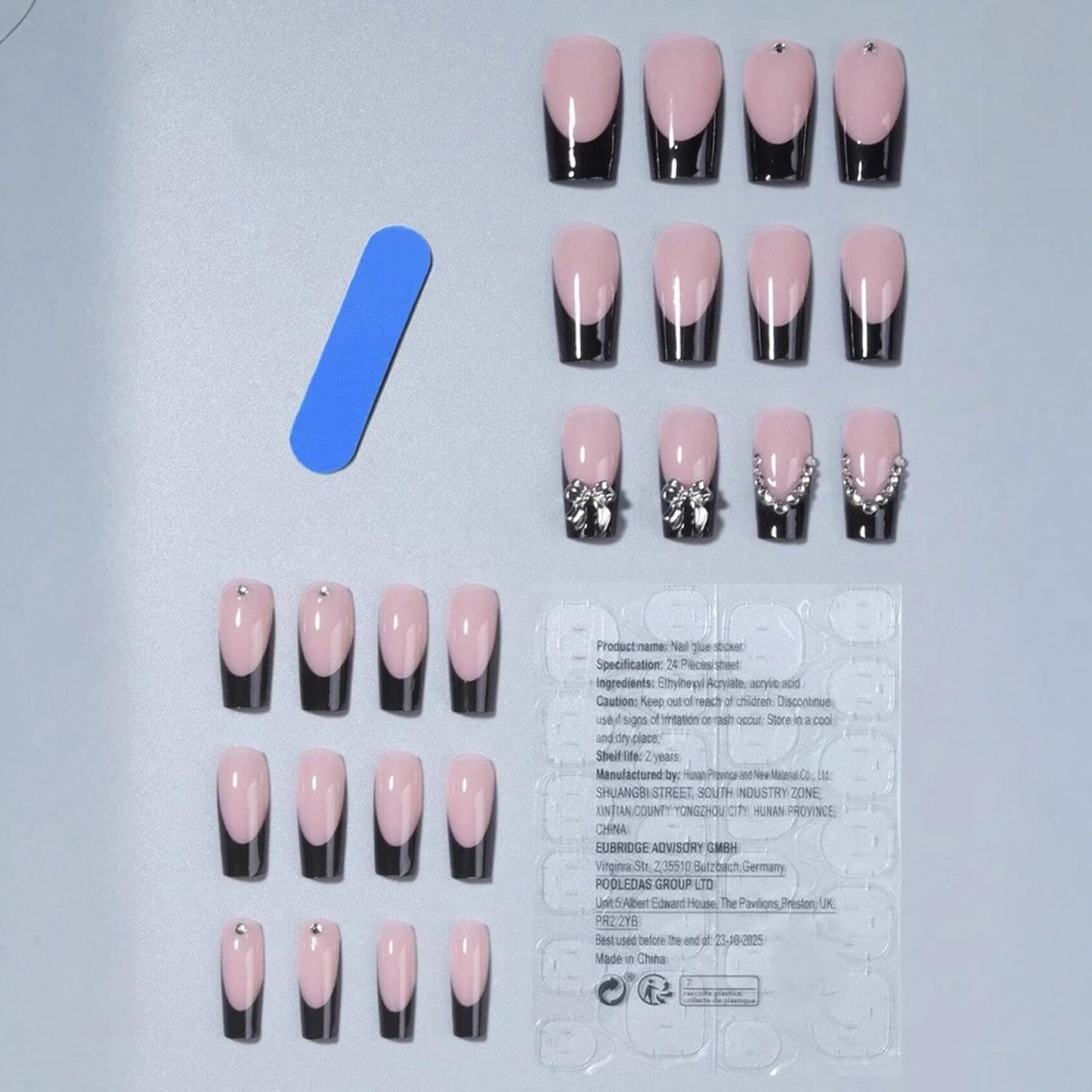 24Pcs Black French Press on Nails Long Coffin Fake Nails with Charm Bow Design,French Tip DIY Manicure Square False Nails Press ons Glitter Rhinestone Nails Kit for Women,Daily Wear Nail Decorations