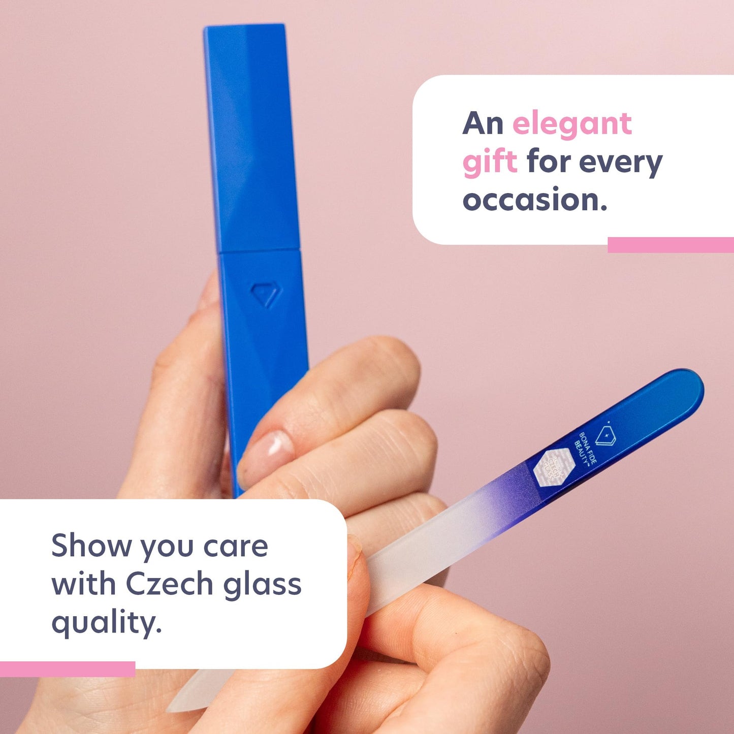 Bona Fide Beauty Glass Nail File with Case, Aqua Cobalt Czech Glass Fingernail Files Handcrafted from the EU. Ideal Nail Care Tool for Natural Nails.