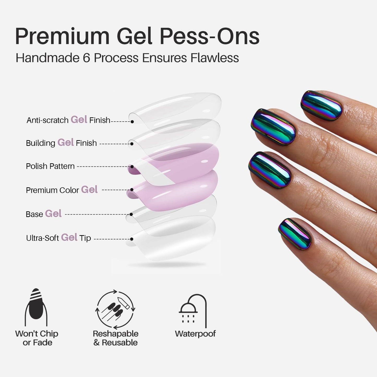 Metallic Chrome Press on Nails Squoval - SHANGMENG Blue Purple Holo Short Nails for Women Gift, Soft Gel Glossy Glue on Nails with Glue in 16 Sizes - 32 Reusable Fake Nails Kit, Neon Noir