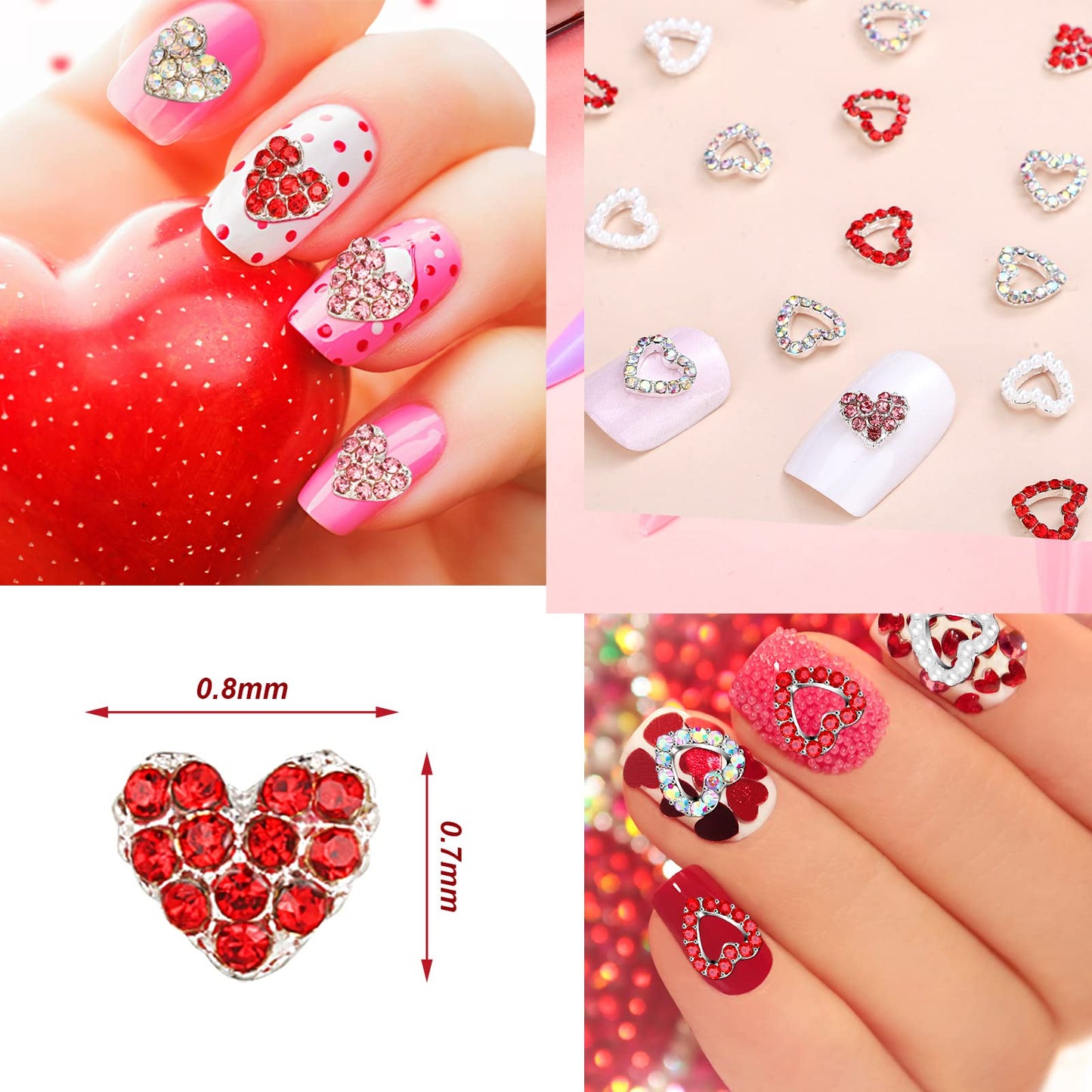 60 Pieces Valentines Day 3D Heart Nail Charms Heart Rhinestone Art Decals Love Crystal Gems Alloy Diamonds Decor for Valentine‘s Day Women DIY Nail Jewelry Accessories(Novel Style)