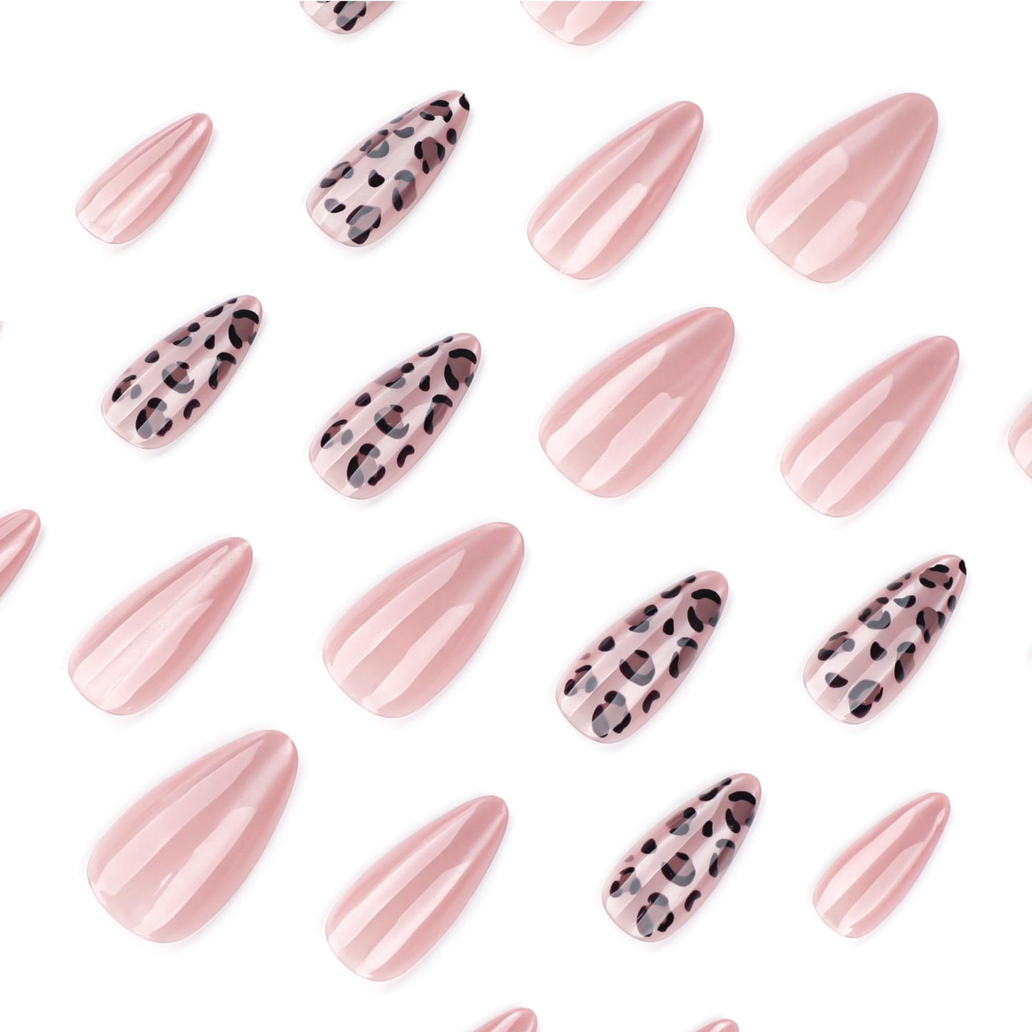 Taoyisent Glossy Pink Leopard Press-On Nails Almond Shape, Nude Blush False Nails with Animal Print Design, Medium Length Stick On Nails for Women, Reusable Acrylic Nails Kit 24PCS