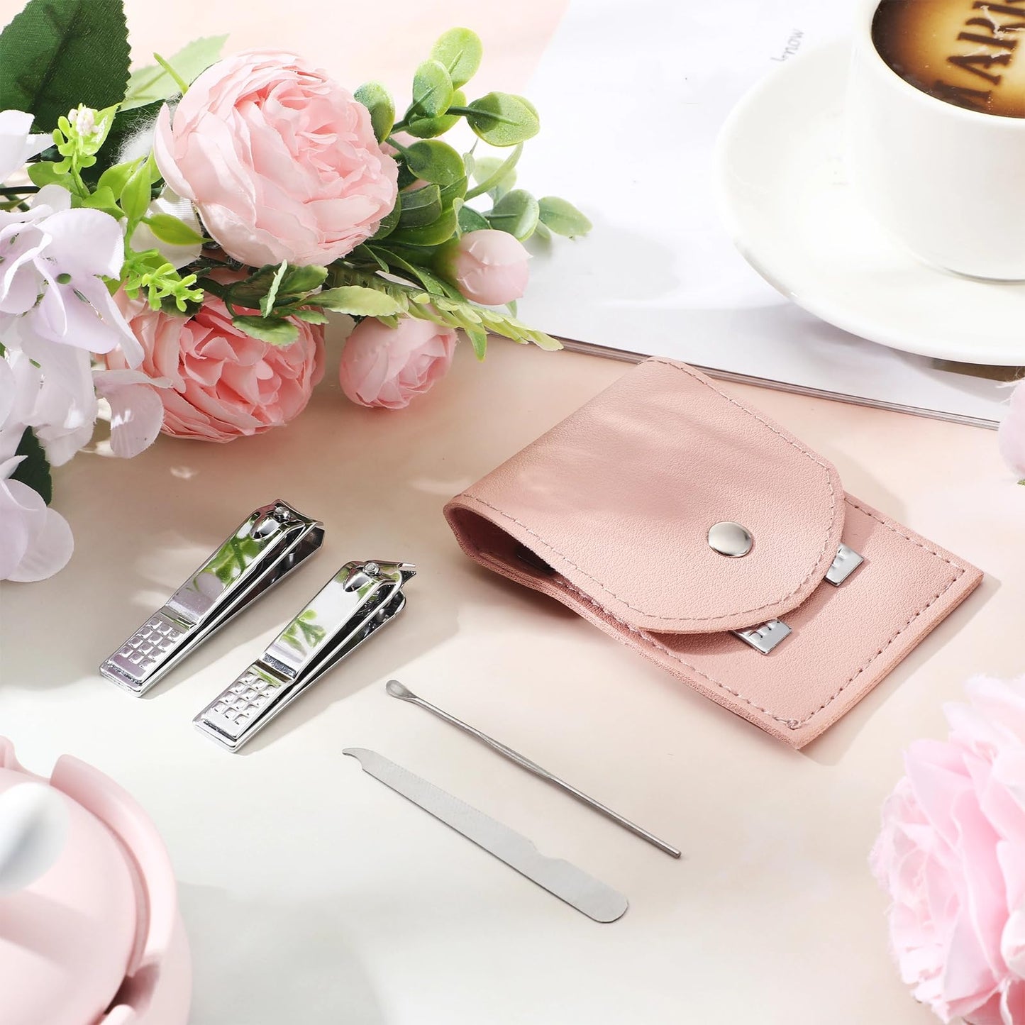 Lasnten 24 Set Valentine Manicure Set Bulk Nail Clippers Grooming Nail Kit Stainless Steel Professional Pedicure Tools Kit with Travel Case for Men Women Valentine's Day Gift(4 in 1,Pink)