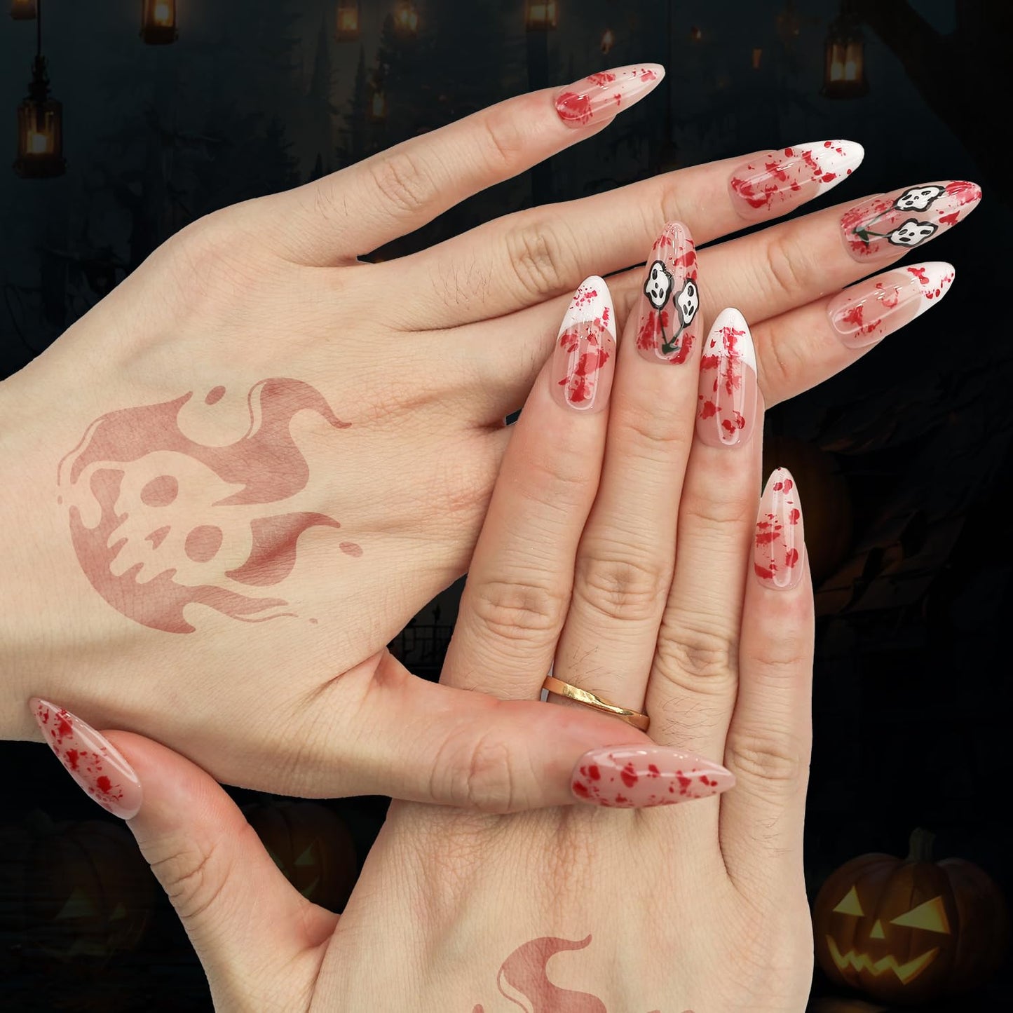 Yacey Halloween Handmade Press on Nails Medium Almond, Reusable Muti-Gel False Nails Press Ons, Horror Blood Design French Tips Thick Acrylic Fake Nails, 3D Glue on Nails for Women Girls (10 Pcs, S)