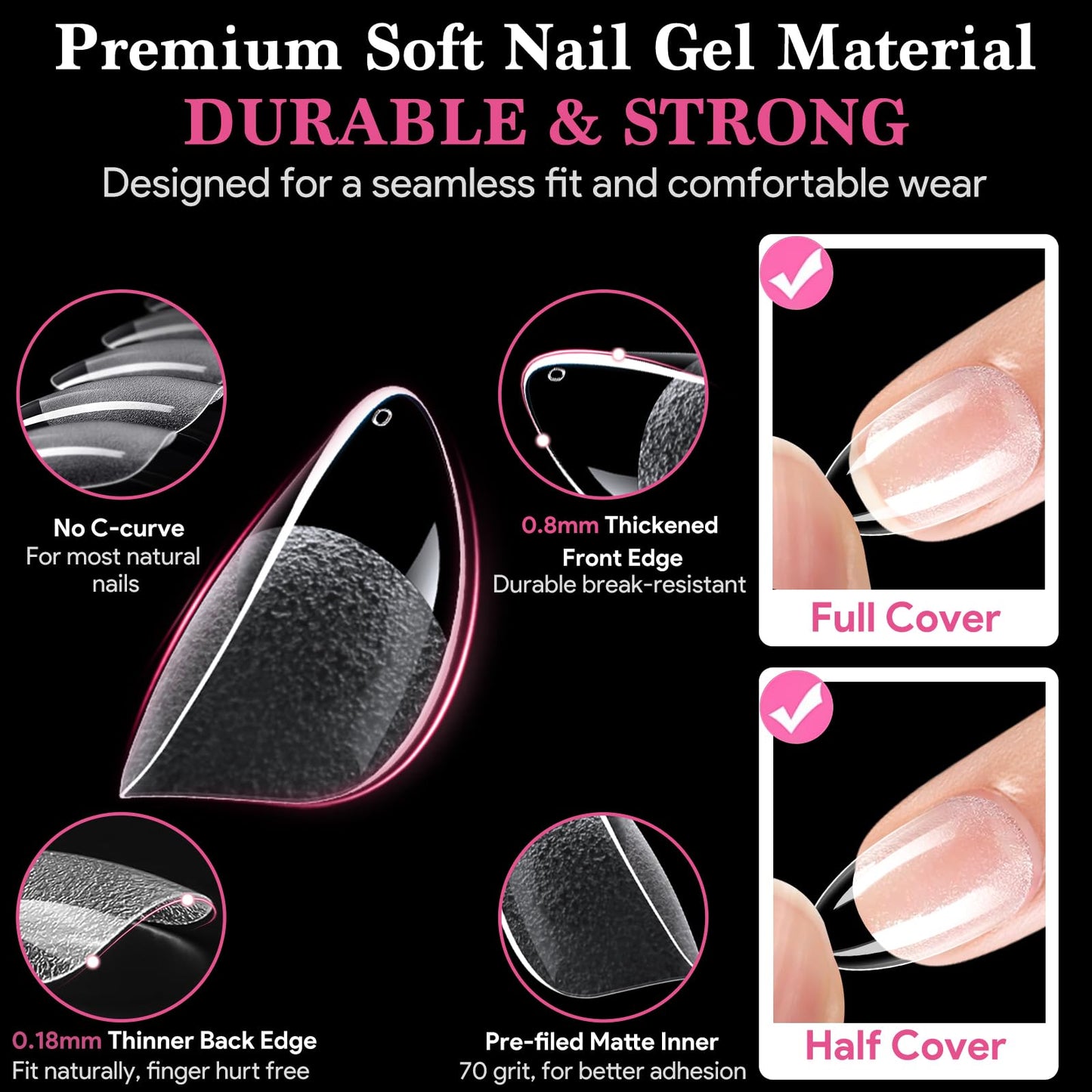 Qiek Short Almond False Nail Tips, 15 Sizes 510 PCS Clear Soft Press On Fake Nail Pre-shaped Half Matte Full Cover Gel Nail Tips Extensions Strong Thick Long Lasting for DIY Beginners & Salon Manicure