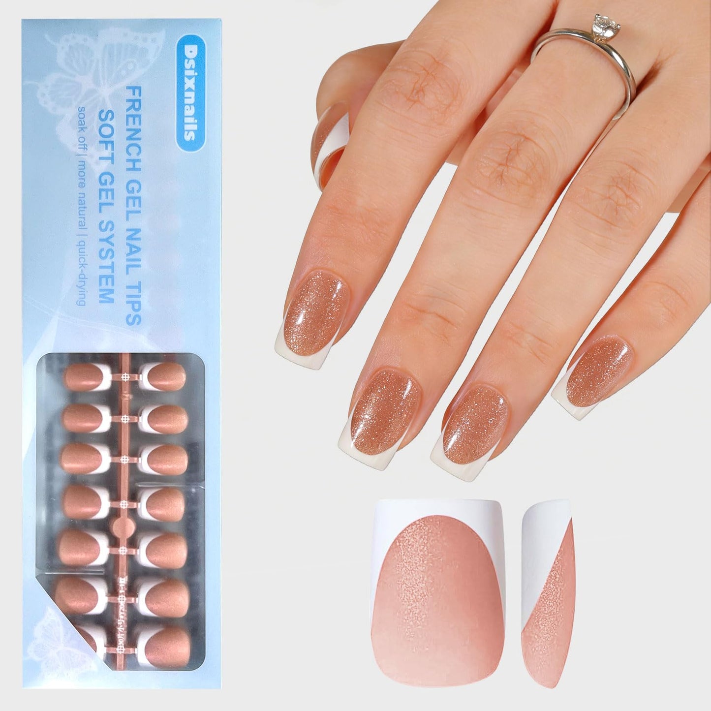 Dsixnails 160Pcs Short Brown Glitter Base French Gel Nail Tips 16Sizes, Square Soft French Tip Press On Nails, Pre-Lasting Acrylic Fake Nails, Soak Off Full Cover Nails Extension for Women Girl