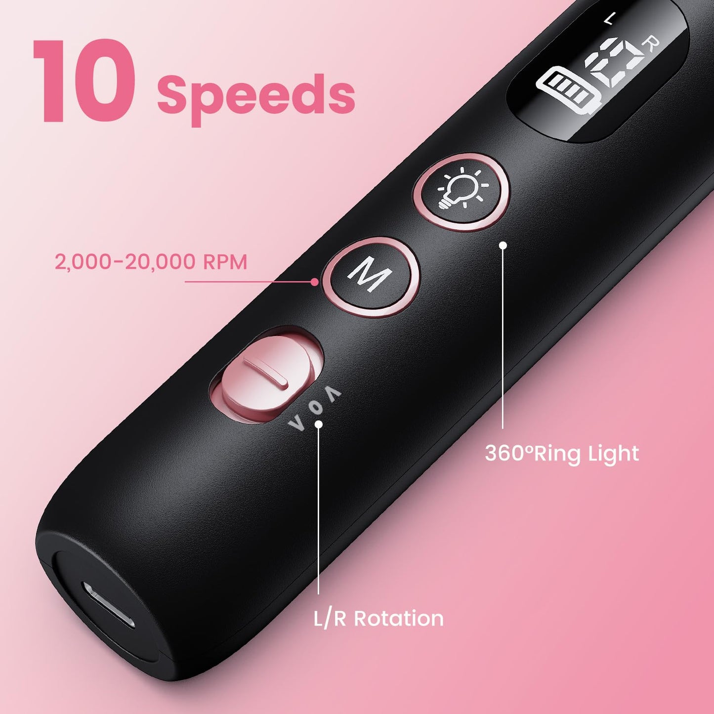 Merloly Nail Drill Kit,Black Cordless Electric Nail File with 10 Speed,10 Bits and LED Light,for Acrylic Nails,Gel Polish Removal and Thick Toenails,Easy for Beginners