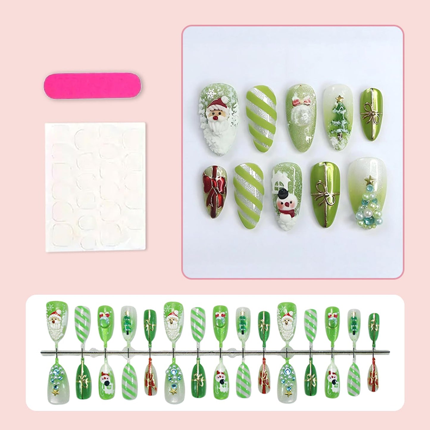 Cute Christmas Press on Nails Medium Almond Fake Nails 3D Star Rhinestones Pearls Xmas Tree Charms Design False Nails Santa Claus Snowman Stick on Nails Silver Glitter Full Cover Nail for Women 30Pcs