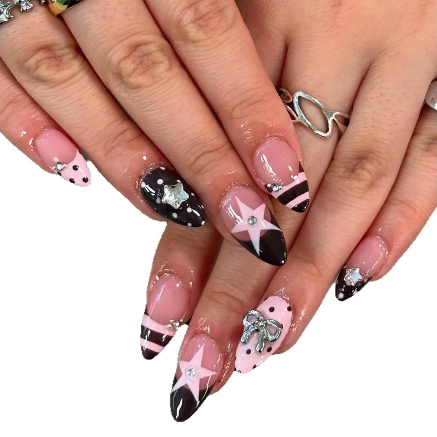 Long Press on Nails Almond Fake Nails Brown Artificial Nail Seeneey Y2K and Pink Stars Designs Cute Stick on Nail for Women 24pcs