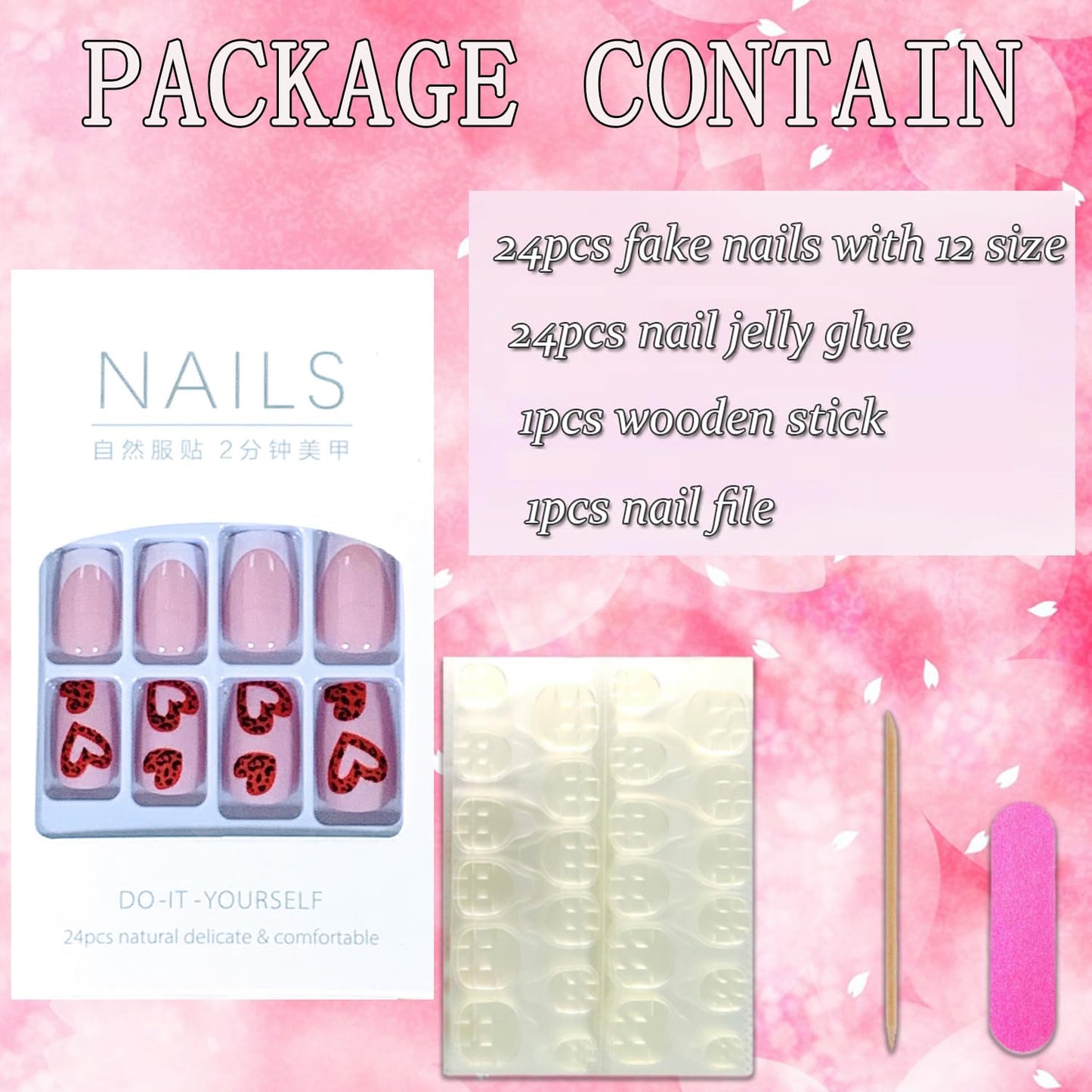 Vezocim 24Pcs Press on Nails Medium Heart Glossy Full Cover Artificial French Tips Fake Nails with Red Heart Designs Acrylic Square False Nails with Glue Coffin Stick on Fingernails for Women Girls
