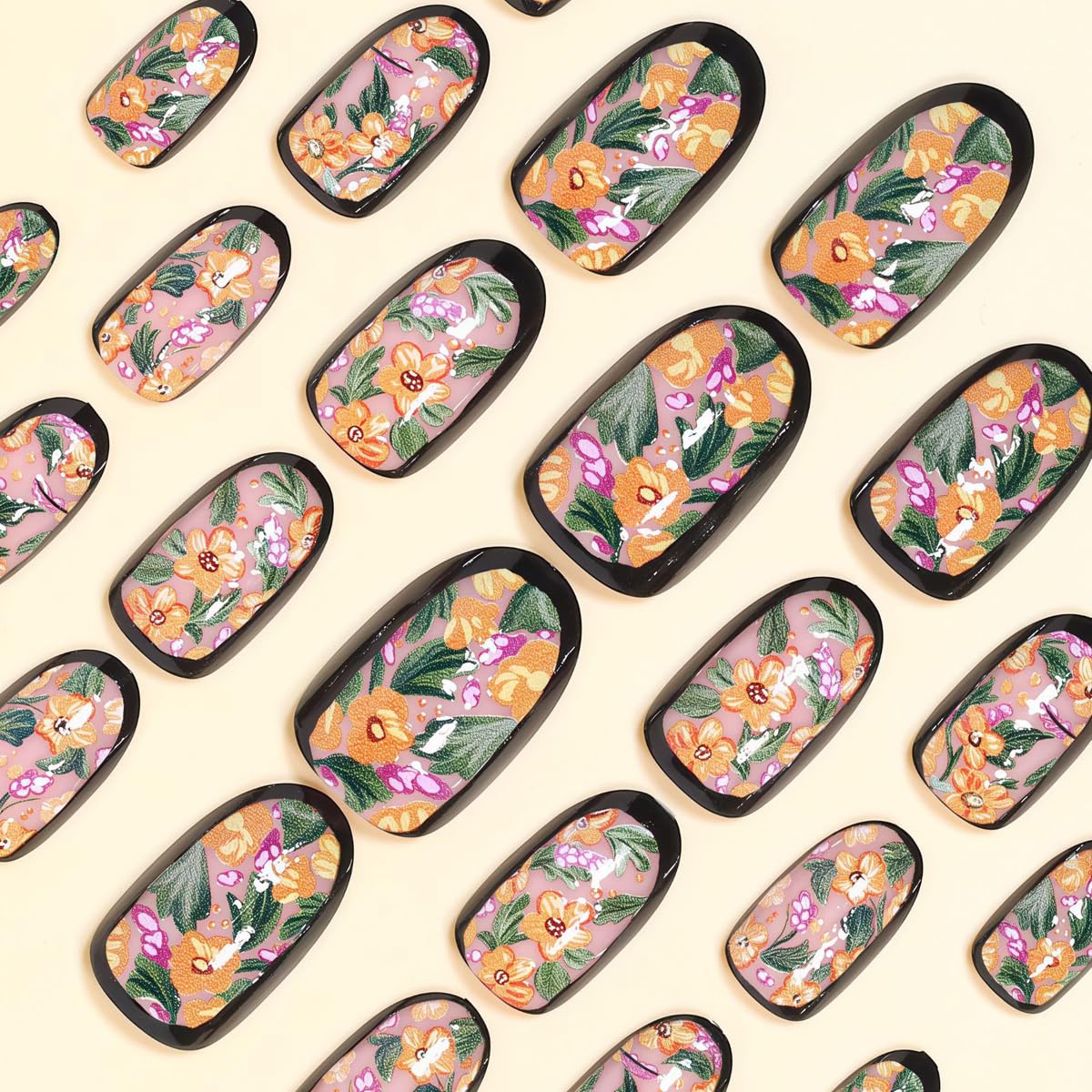 Press on Nails Short Oval - Orange & Pink Flowers with Green Leaves, Cute Garden Floral Design, Full Cover Glossy Fake Nails 24PCS for Women
