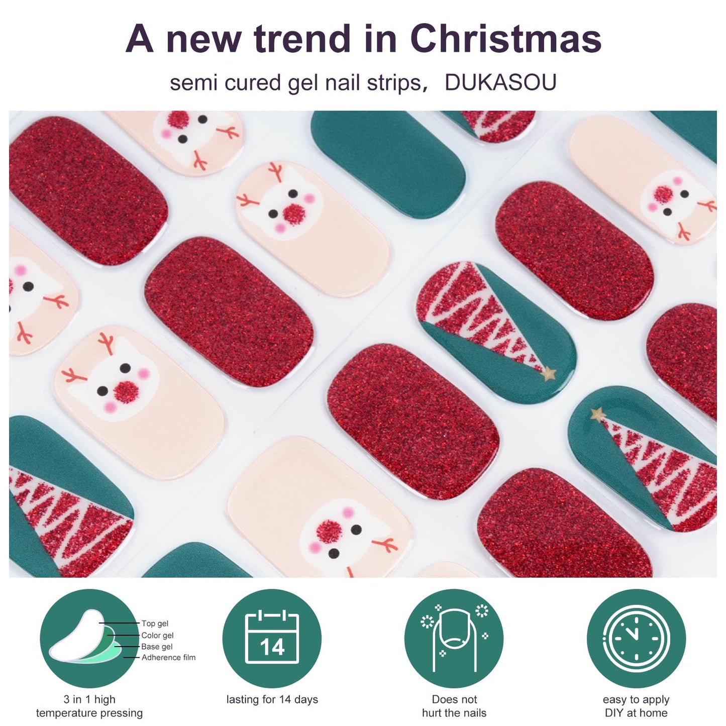 DUKASOU Semi Cured Gel Nail Strips,28 pcs Christmas Nail Stickers for Women,Long Lasting Gel Strips with Any UV Light,Red Green Christmas Sticker for Nails Easy to Apply