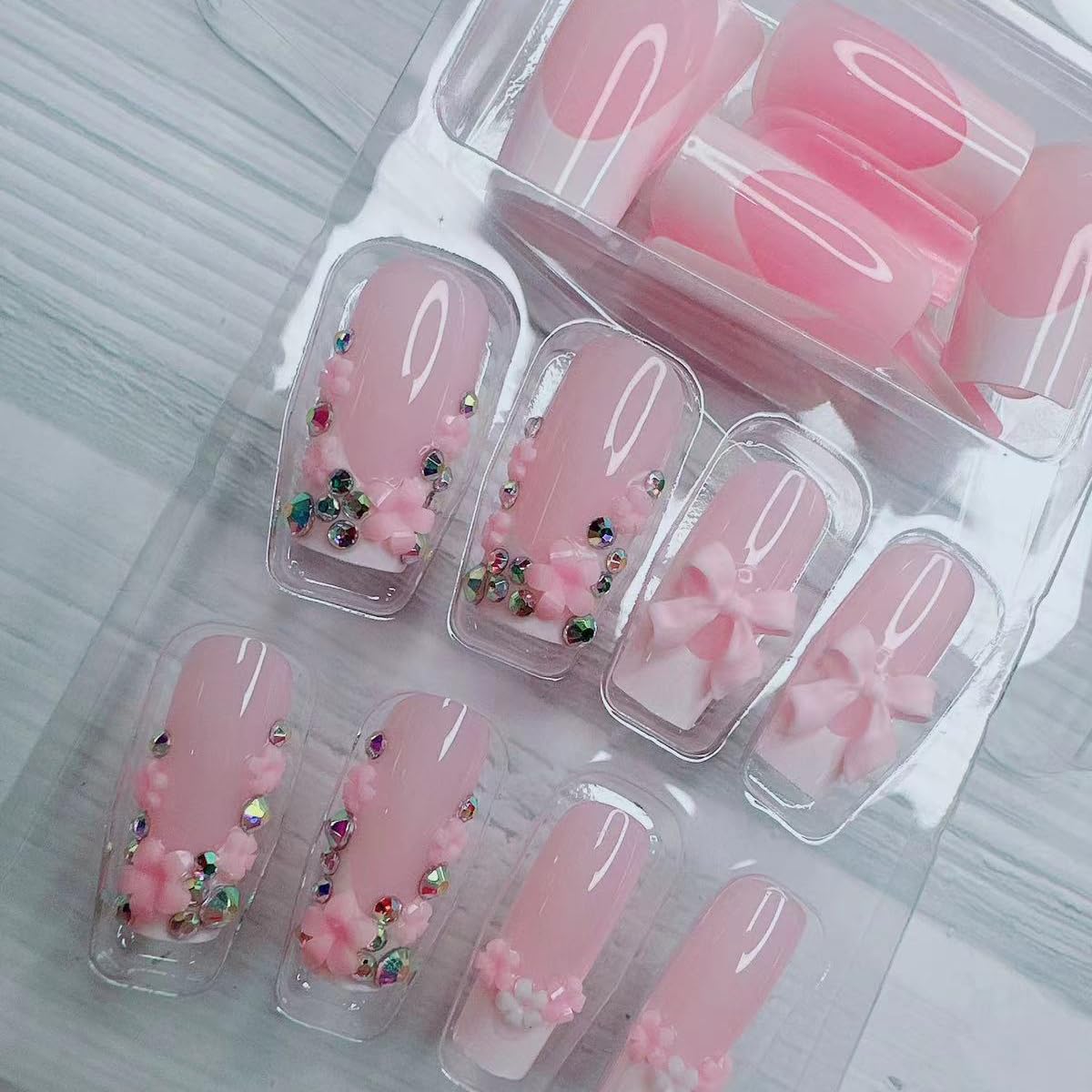 French Tip Press on Nails Medium Length Fake Nails 3D Bow Flower Design Nude Color French Nail Tips Charms Nails Rhinestones Nails for Women Daily Wear Cute False Nails 24Pcs