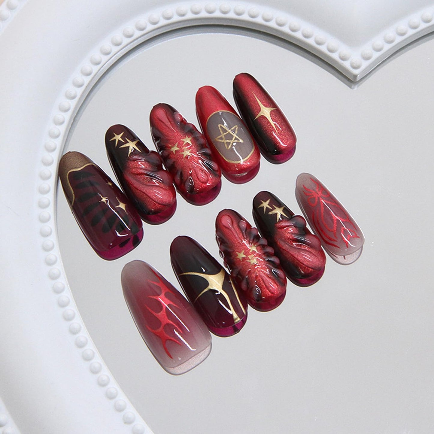 30Pcs Red Press on Nails Charms Medium Almond Fake Nails Stars Pattern French Nails Glossy Wine Red Acrylic False Nails Full Cover Stick on Nail Artificial Manicure for Women Daily Wear