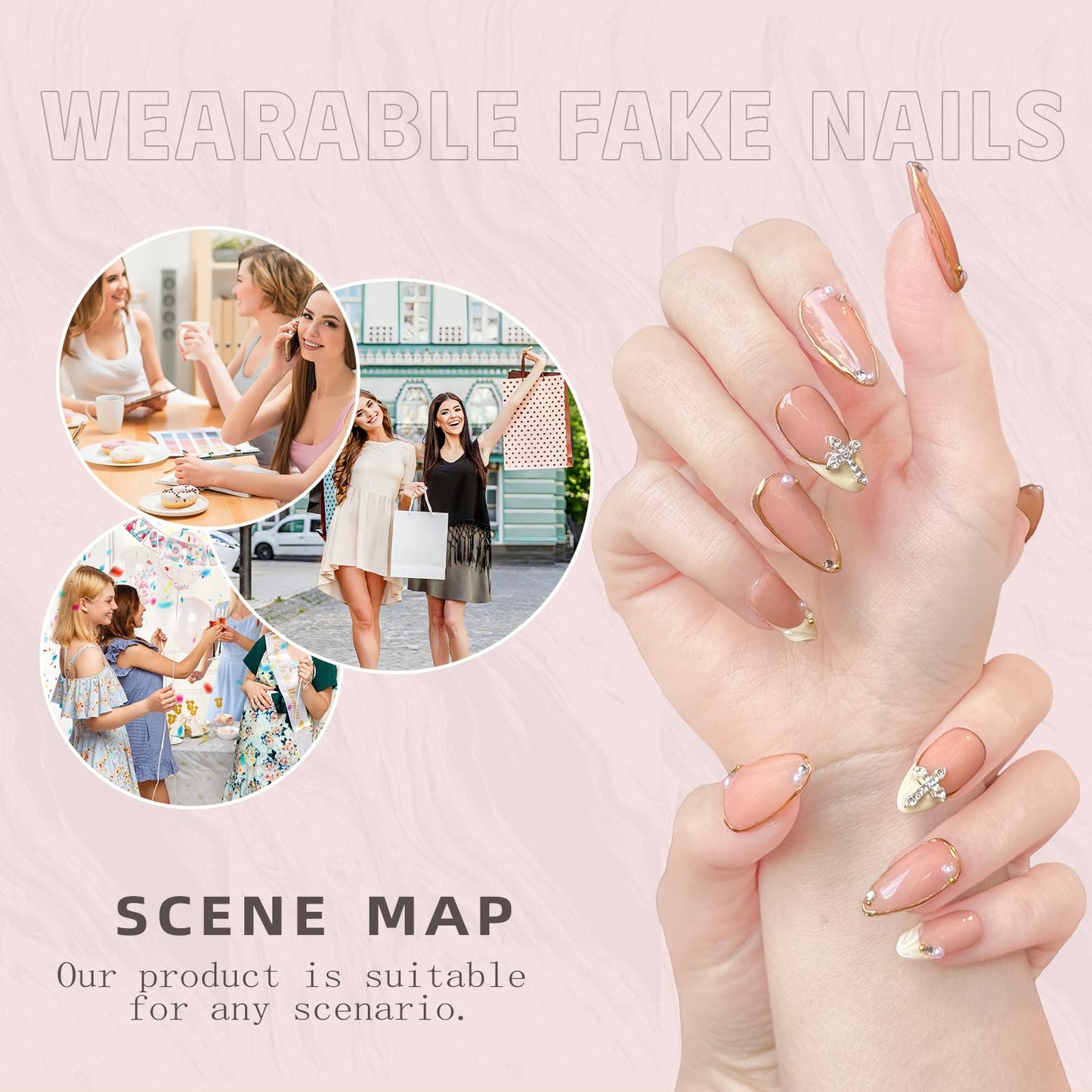 Luxury Handmade false nails，3D Gold French Cross Press-On Nails – Medium Almond Shape False Nails with Rhinestone Embellishments, Elegant Reusable Stick-On Nails(10PCS-M)