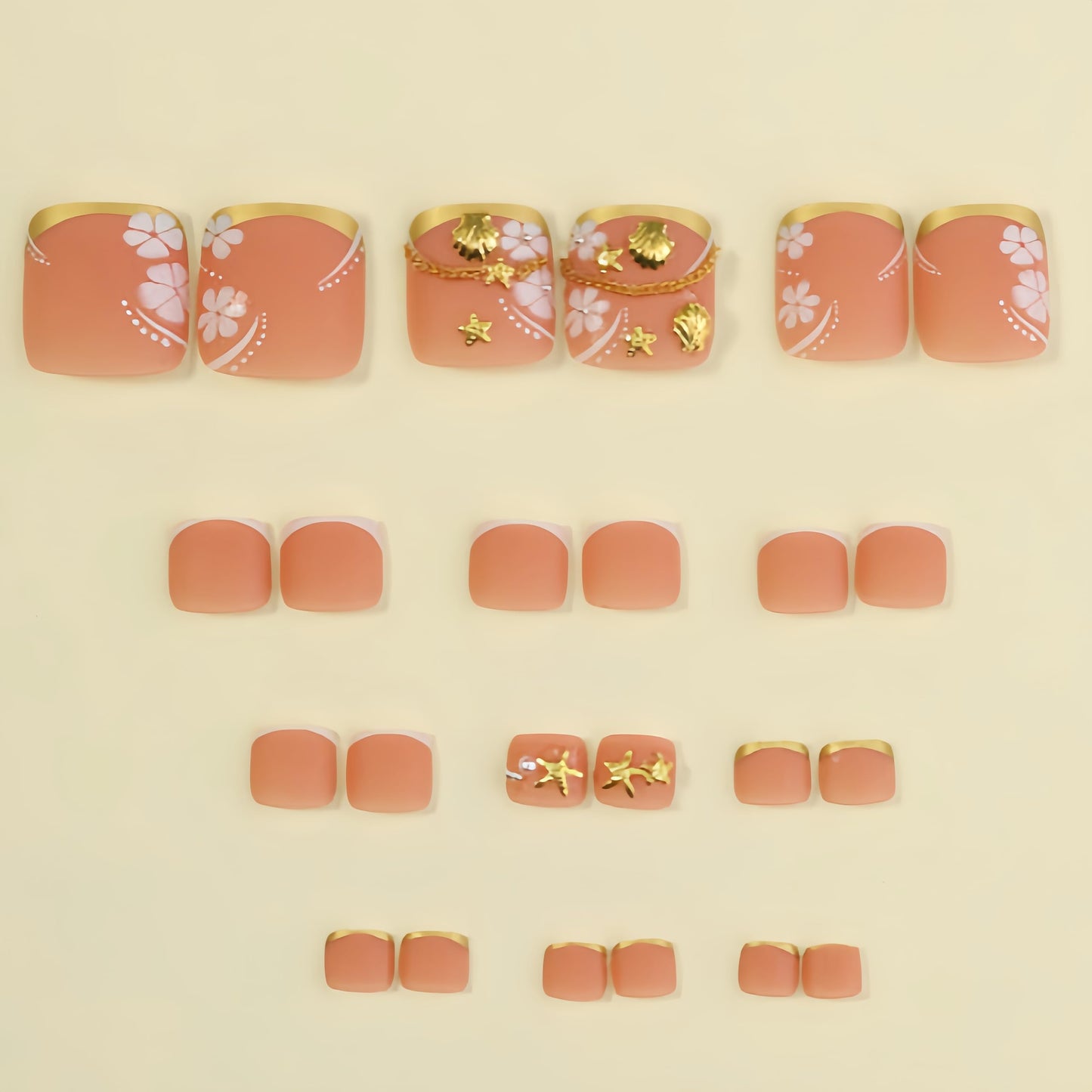 Gold French Tip Toe Press on Nails Short Square Toenail Press ons Glossy Fake Toe Nails with Starfish Shell Rhinestones Design Glue on Toe Nails Reusable Stick on Toenails for Women Decorations Set