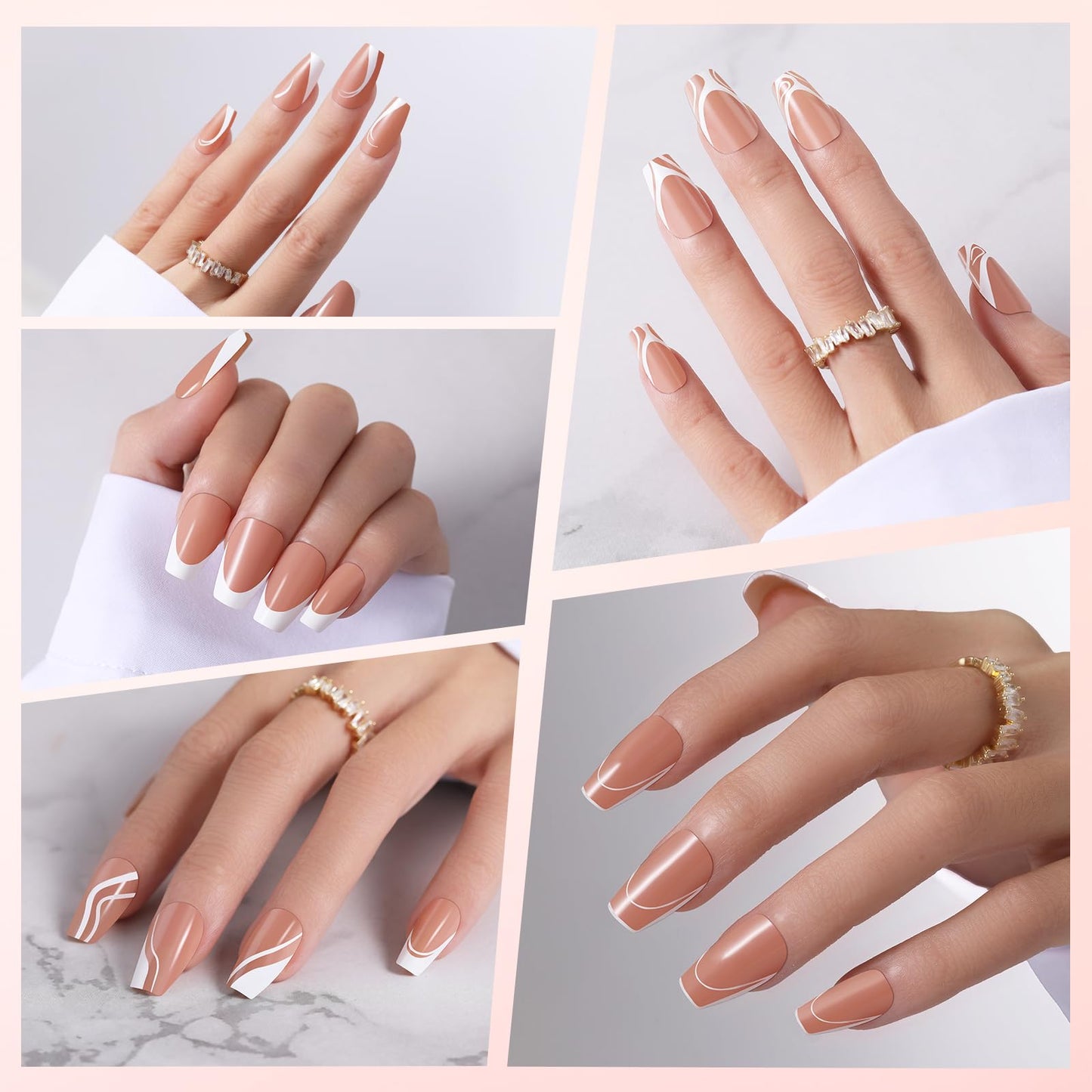 OPkssnails French Gel Nail Tips,5 Style 150pcs French Tip Press on Nails Short Coffin,Pre-Designed Soft Gel Fake Nails Tips, Soak Off Acrylic Fake Nails Extensions for Women Nail Art DIY 15 Sizes