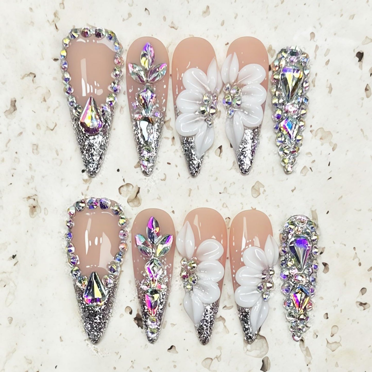 Long Handmade Press on Nails Almond Tip False Nails Summer 3D Flowers Nails Press Ons with Full Diamond Design Reusable Fake Nails Luxury Full Cover Stick on Nail for Women Manicure 10Pcs (Size M)