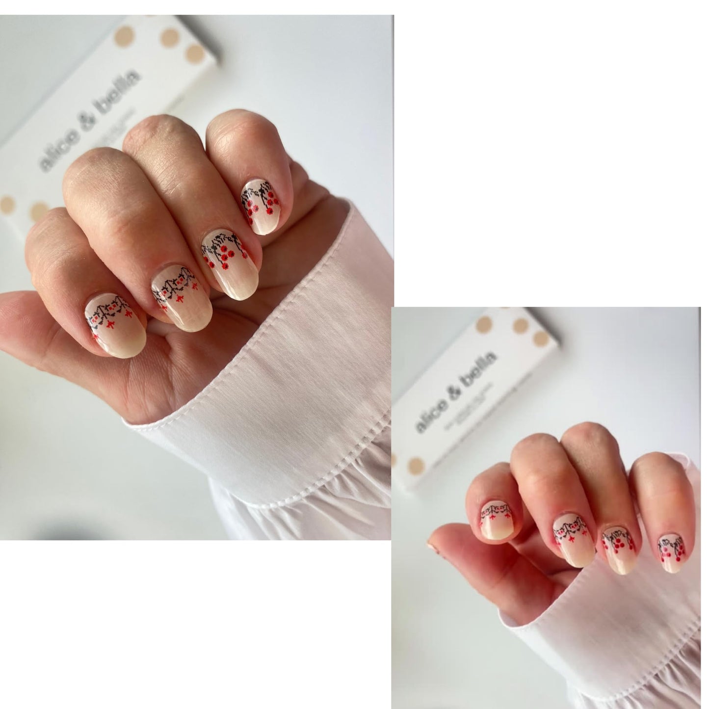 ALICE & BELLA Semi Cured Gel Nail Strips-20 PCS Christmas Tri-Color Cross Stiched Design Nail Strengthening Gel Stickers, Use with UV Light Lamp, Salon Quality Manicure Wraps (Kvitka)