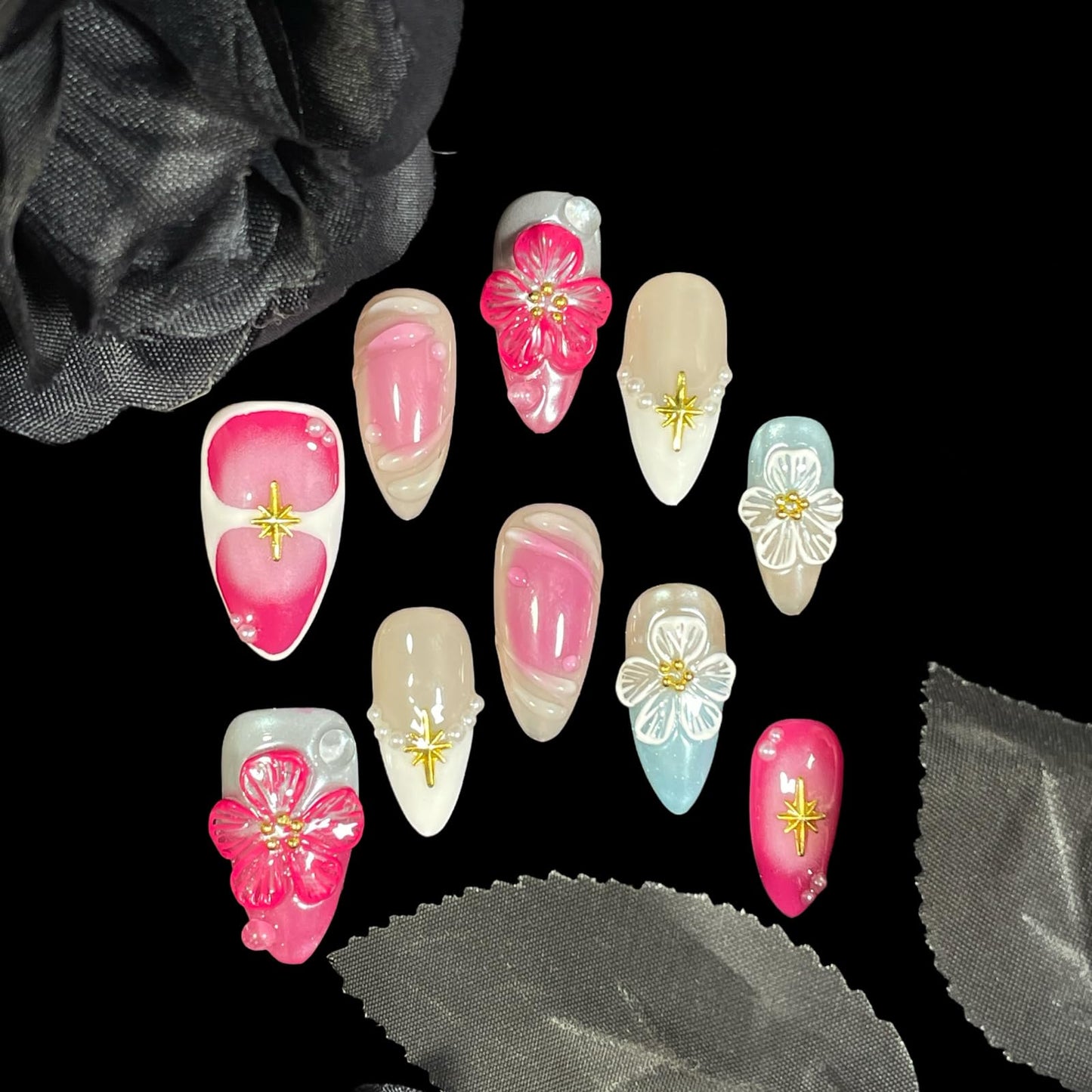 Handmade Press On Nails, Medium Almond Shape, Cherry Blossom Design with Gold Stars, Pearl Accents, Pink Blue Nude Colors, 3D Floral Reusable Acrylic False Nails (Bouquet lace, M)