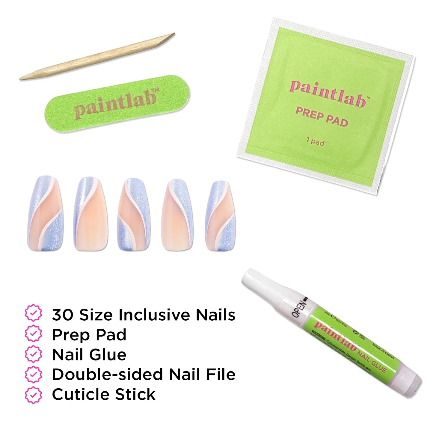 PaintLab Press On Nails - Blue Celestial Waves Coffin Fake Nails, 30 Nails in 15 Sizes with Glue, Reusable Salon Quality Press On Nails