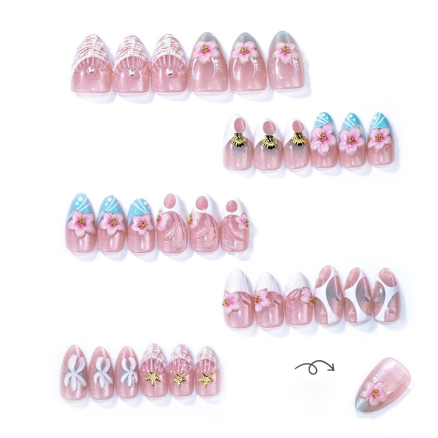 Summer Blue Press On Nails Medium Almond Fake Nails French False Nails With Starfish Designs Acrylic 3D Flower Press Ons Full Cover Glue On Nail Glossy Stick On Nail For Women 24Pcs
