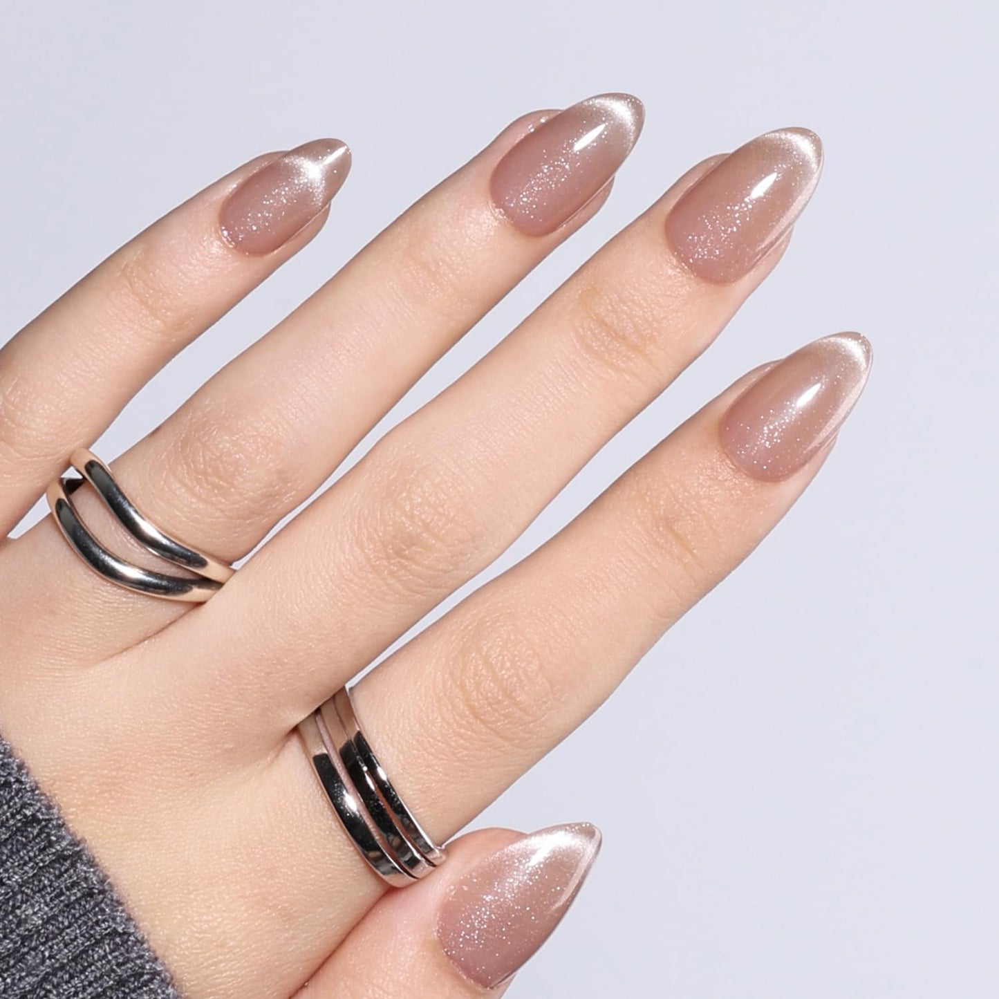 Cat Eye French Tip Press On Nails Almond - Nude Short Almond Fake Nails, Nude Cateye Press On Nails Reusable Stick On Nails in 16 Sizes, 32pcs False Nail Kit for Women & Girls(Veil of Light)