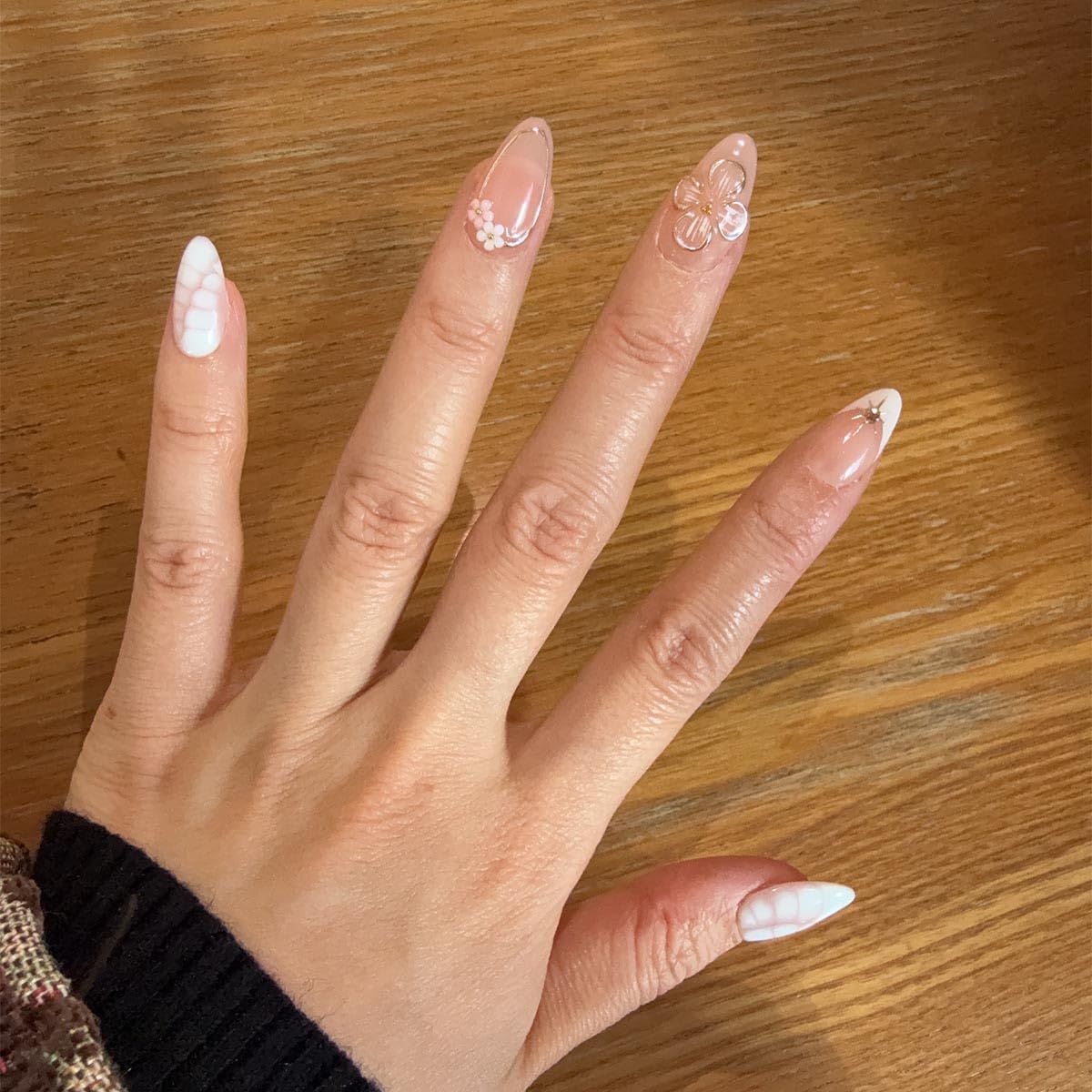 10 Short Almond Handmade Press On Nails | Blush Pink & White Snake Print Design with 3D Floral & Gold Accents | Salon-Quality Manicure, Easy Apply/Remove, Reusable & Long-Lasting (251216, XS)
