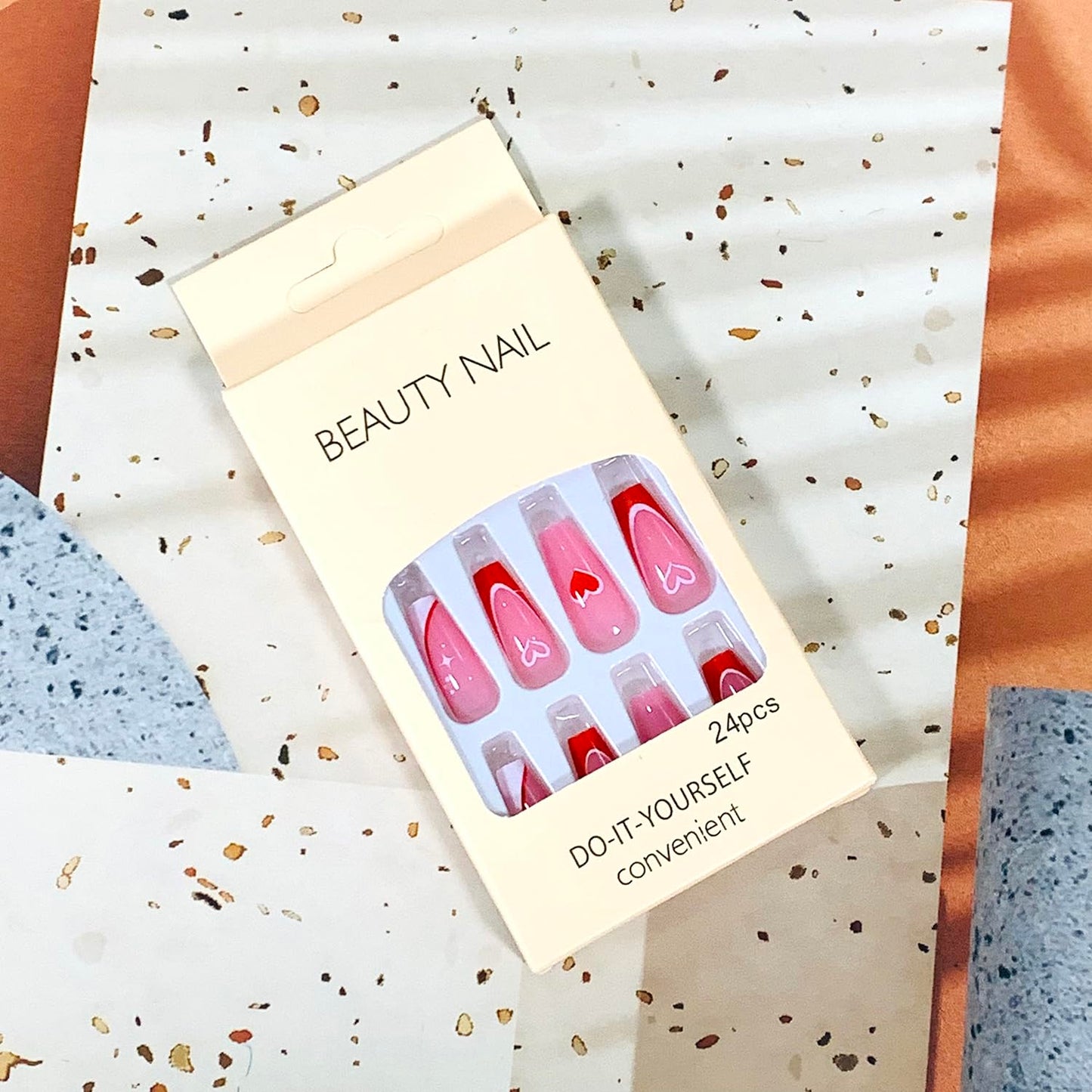 Vezocim French Tip Square Medium Press on Nails 24Pcs Glossy Full Cover Artificial Pink Fake Nails with Red Heart Designs Acrylic Coffin False Nails Glue Fingernails with Charm for Women Girls