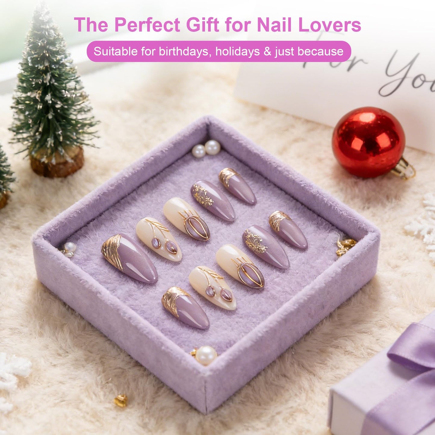 LTXHZYYL Handmade Pres on Nais Amond Purple Nails Press ons 3D Design Reusable ABS Full Cover False Nails Kit-Luxury Medium French Tip Glossy Acryic Fake Nails for Women