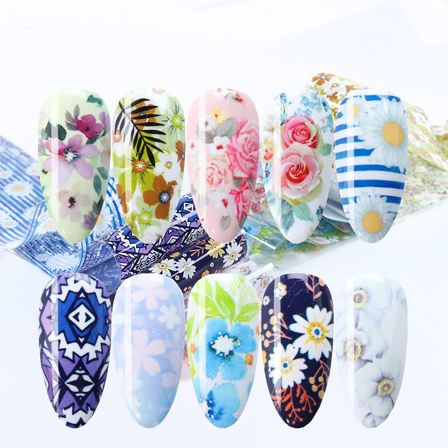 Flowers Nail Foil Transfer Stickers Decals, Flower Nail Transfer Foils Sticker Designs Spring Floral Sky Starry Paper Nail Art Decals Acrylic Nails Supplies for Women Girls Manicure Tips Decorations