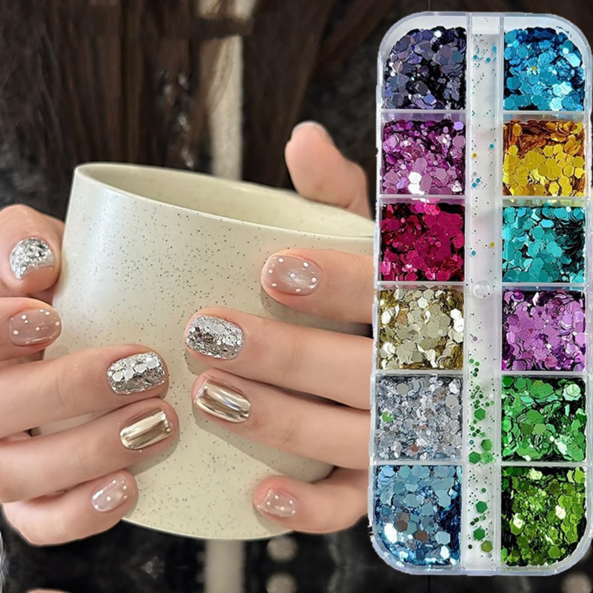 GZMAYUEN Nail Art Kit, Holographic Nail Sequins Shapes, Nail Gliiter Powder, Nail Stickers, Nail Art Brushes Set, DIY Design Manicure Decorations Sets for Nail Art