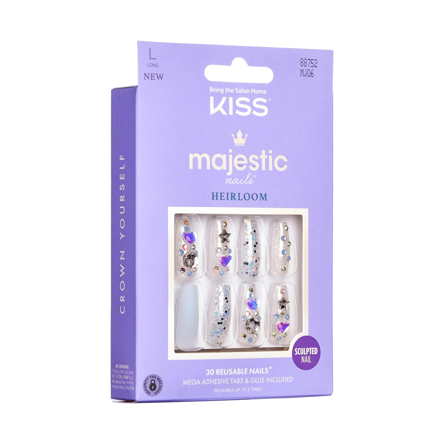 KISS Majestic Press On Nails, Nail glue included, 'Your Grace', Light Blue, Long Size, Coffin Shape, Includes 30 Nails, 2g glue, 2 Prep Pads, 2 of 24 Adhesive tabs, 2 manicure sticks, Mini file