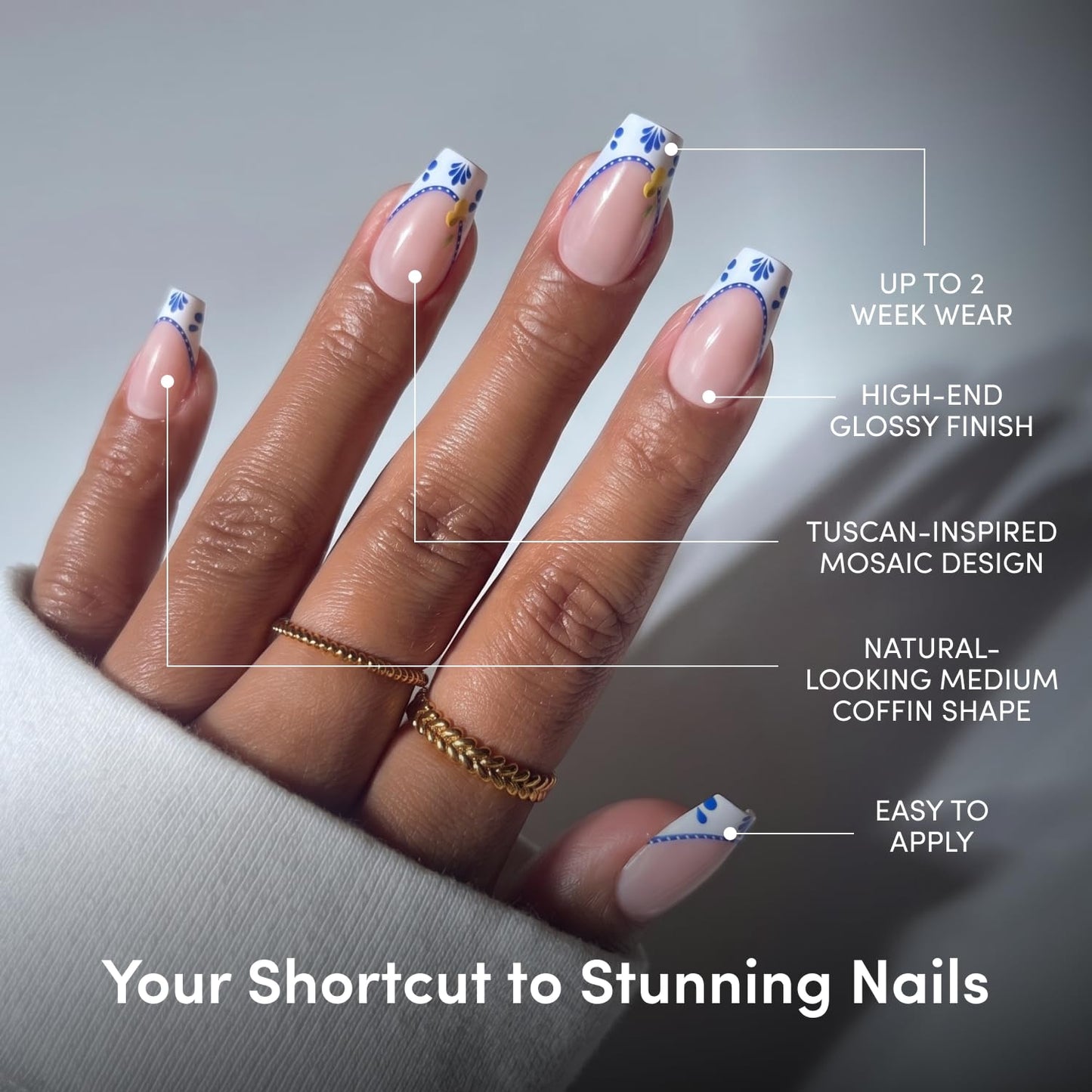 Glamnetic Press On Nails - Medium Coffin Fake Nails with Blue & White French Tips | Salon Quality Vacation Nails | Tuscan Twist | 15 Sizes - 30 Nail Kit with Glue