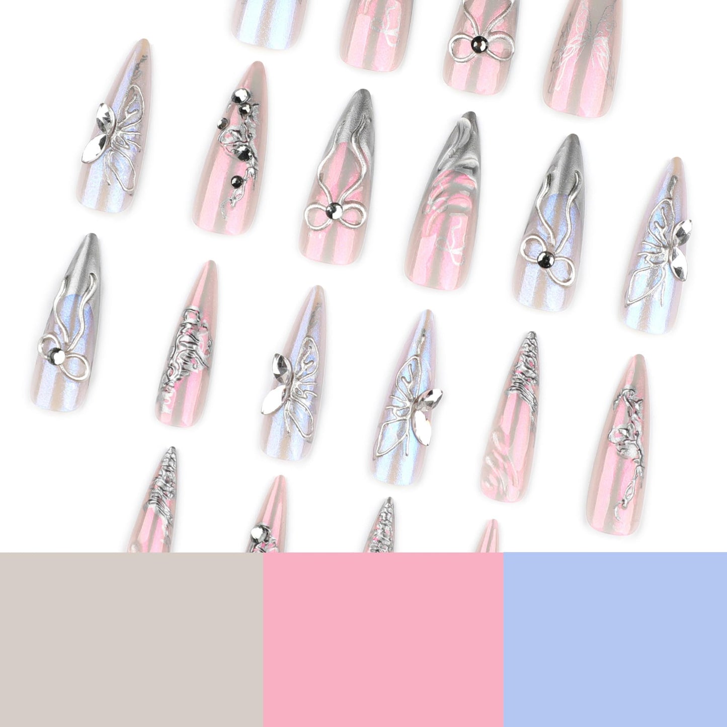 plalely Stiletto Press on Nails Long Silver Fake NailSilver Glitter and Rhinestones Acrylic Nail Press ons Stick on Nails for Women 24pcs