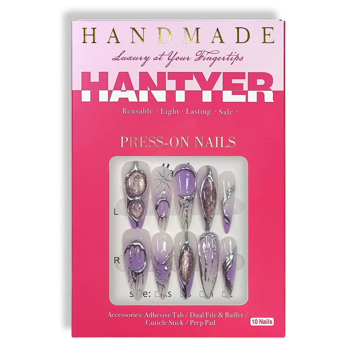Hantyer Lavender Ombre Metallic Hand-Painted Cat Eye Press on Nails, Long Stiletto Glossy Iced Edgy Fake Nails, Reusable Sweet & Cool False Nails for Women Y2K Party Special Occasion Full Set (Size M)