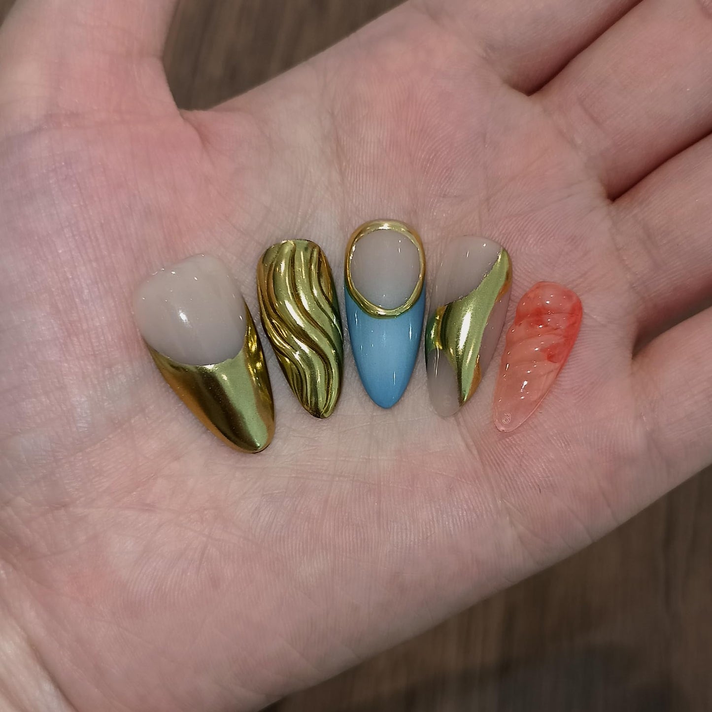 TENPAL Metallic Press on Nails Almond, Golden French Tips Nails, Soft Gel Fake Nails With Tools, Handmade Acrylic Nails With Sweet Cool Y2k 3D Waves Designs,10pcs/Box Nail Kits For Women(M)