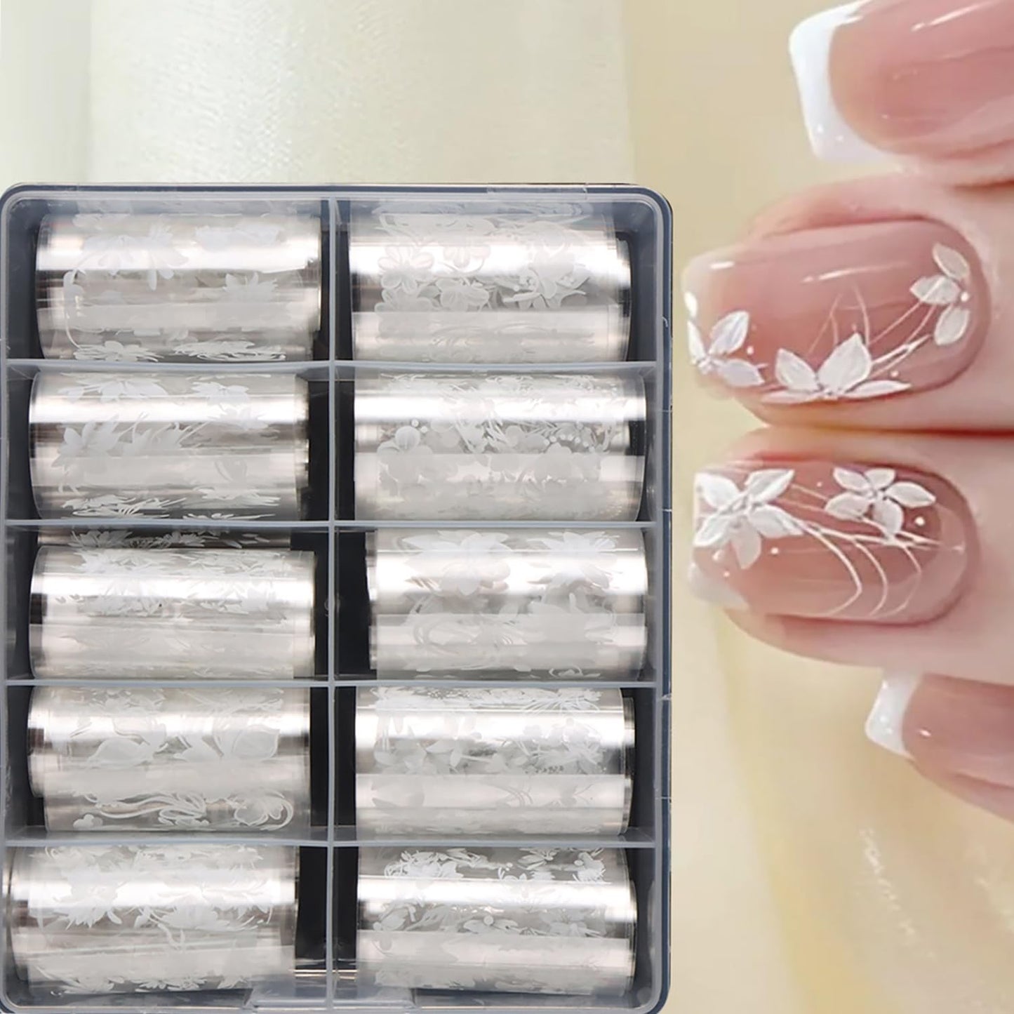 10 Rolls Flower Nail Foils Transfer Nail Art, White Flowers Nail Foil Transfer Stickers Spring Summer Nail Design Stickers Cute Floral Butterfly Nail Art Foils Decals DIY Manicure Supplies for Women