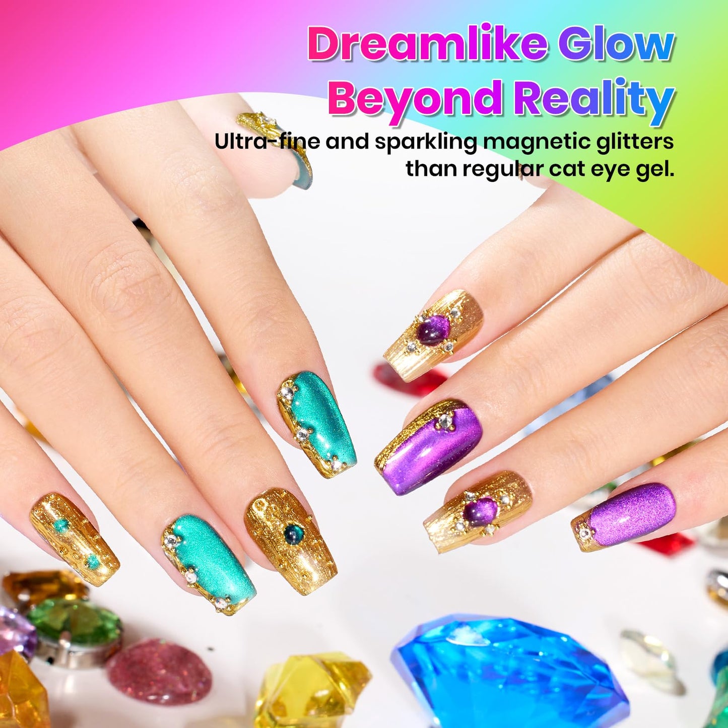 Beetles Neon Cat Eye Gel Nail Polish Set - 6 Colors Fairy Prism Summer Glitter Cat Eye Gel Polish Kit Red Green Blue Pink Purple Magnetic Shine Soak Off UV Salon DIY Manicure Gift for Women