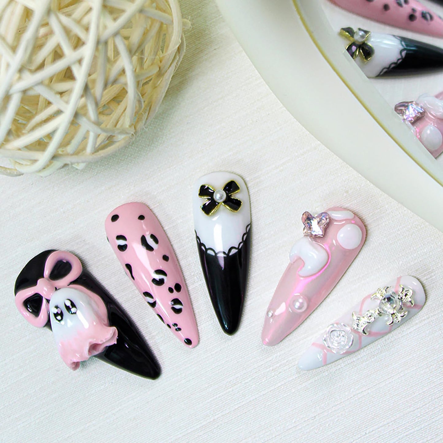 10Pcs Handmade Halloween Press on Nails Long Stiletto Fake Nails with Bow Rhinestone Pearl Design 3D Ghost Pumpkin False Nails Cute Halloween Acrylic Nails French Tip Stick on Nail for Women (S)