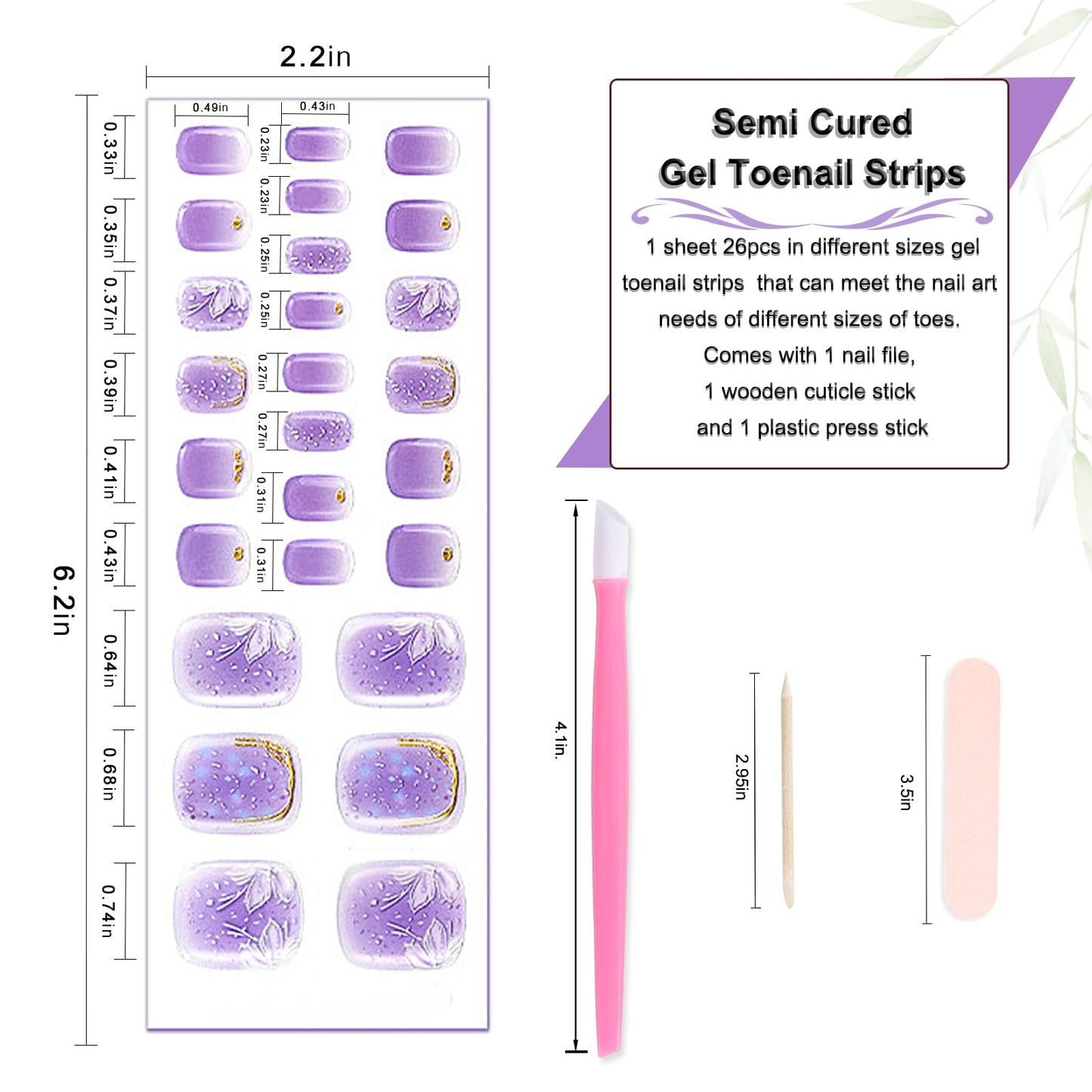 XEAOHESY 26pcs Semi Cured Gel Toe Nail Strips, Pedicure Nail Strips, Toe Nail Stickers, Needs to Be Cured, Come With Nail File, Wood Cuticle Stick, Plastic Press Stick（Purple+Flower）