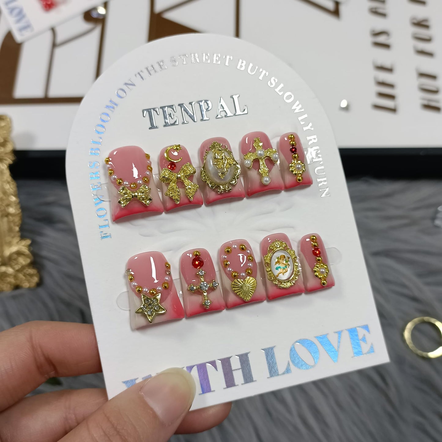TENPAL Short Duckbill Press on Nails - Nude Pink French with 3D Angel Cross & Pearl Charms | Icy Glossy Fake Nails with Tools | Sweet Glam Style for Women Girls(S)