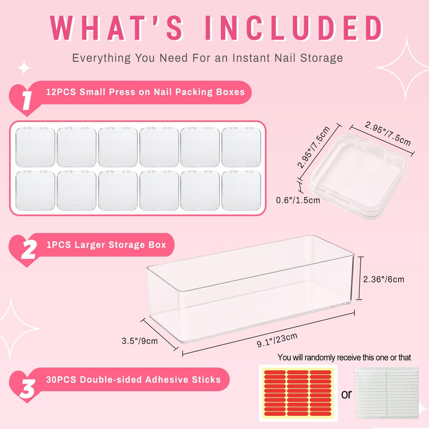 12Pcs Press on Nail Packaging Boxes, False Nail Container Organizer Clear Nail Display Case with 1 All-In-One Acrylic Storage Box and 30pcs Double-sided Adhesive Tape for Nail Art Salon Home Use