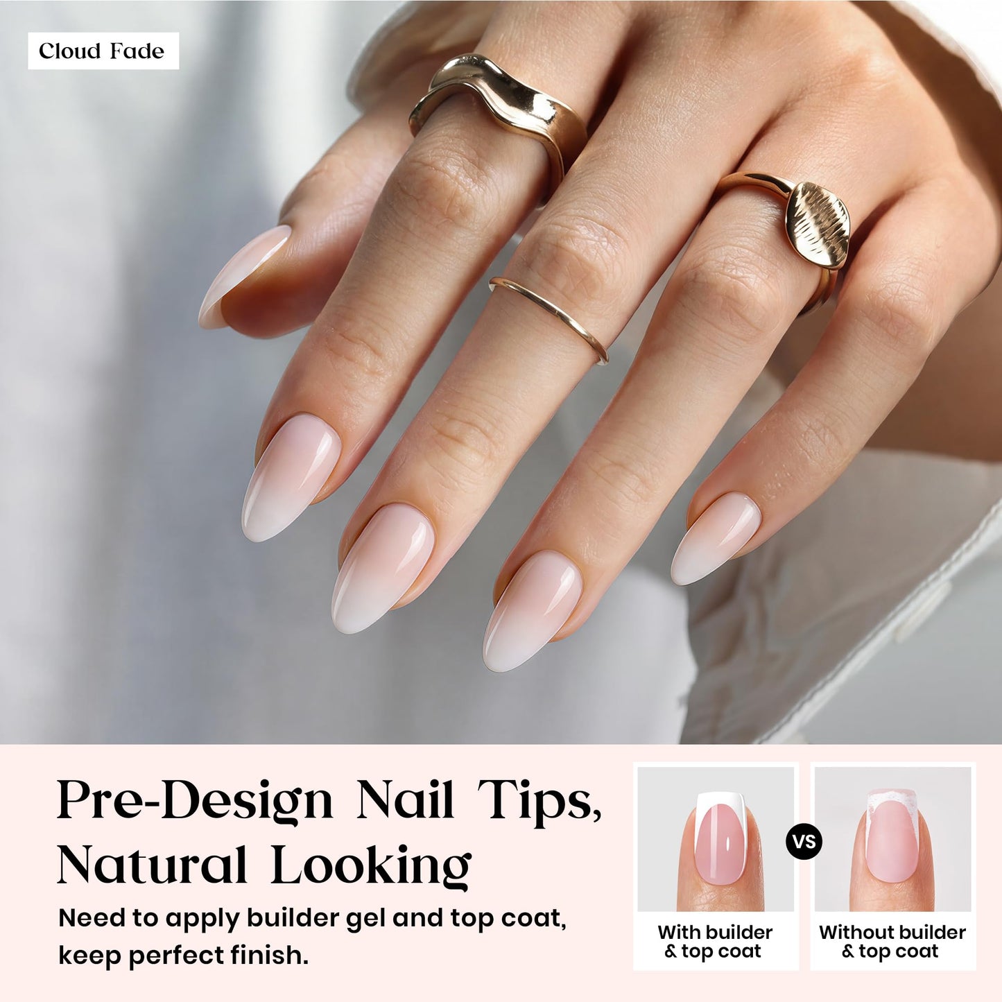 Beetles Ombre Short Almond Press on Nails - Cloud Fade | 224 Pcs Nude Gel Nail Tips, Peach Press ons Fake Nail Tips, Soft Nail Gel False Nails Art DIY Gifts For Women