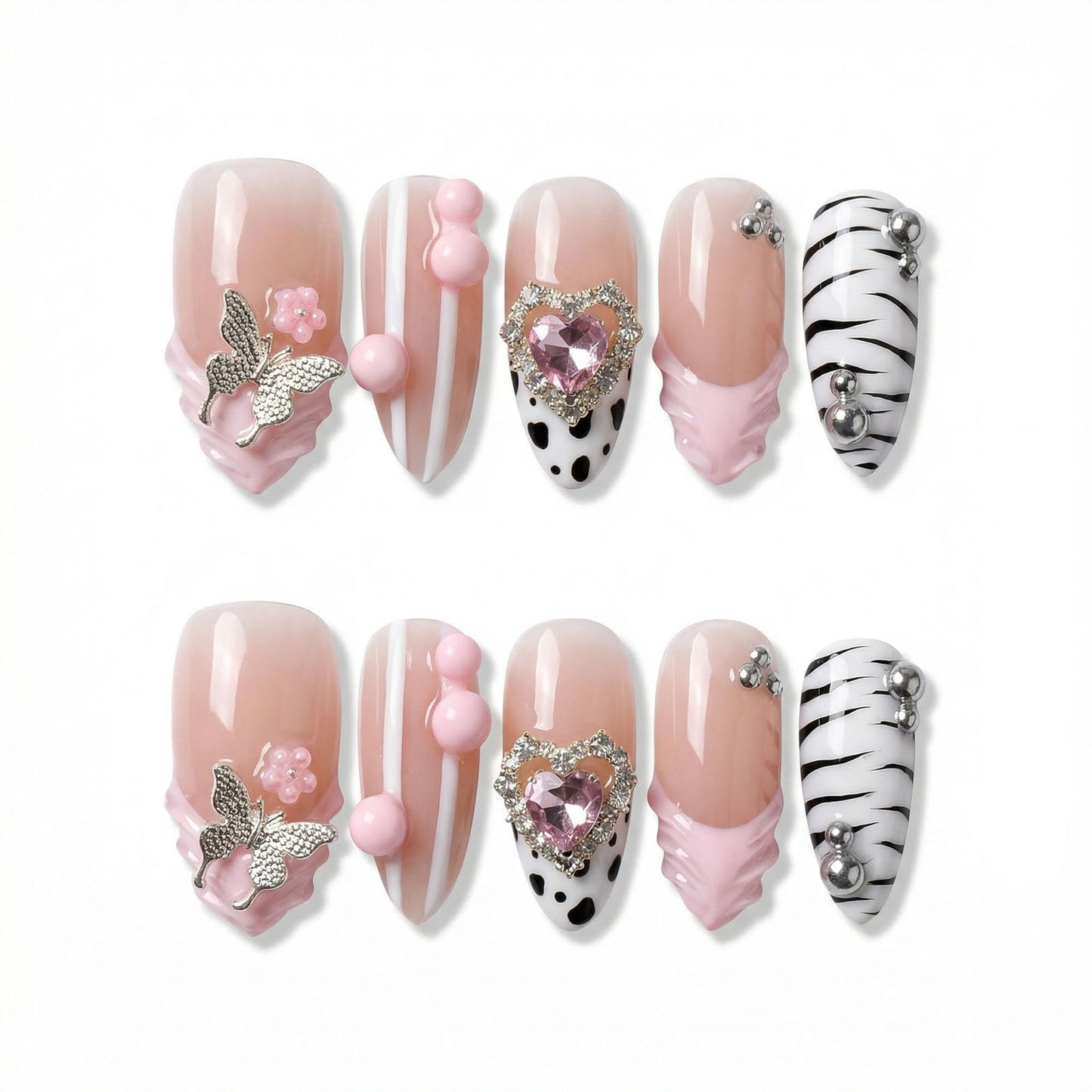 Handmade Press on Nails Almond Medium Reusable Acrylic Homemade Nails French Tip With 3D Design Fake Nail Art Sweet Cool Butterfly Press ons Nail for Women Full Cover Nail Decorations M