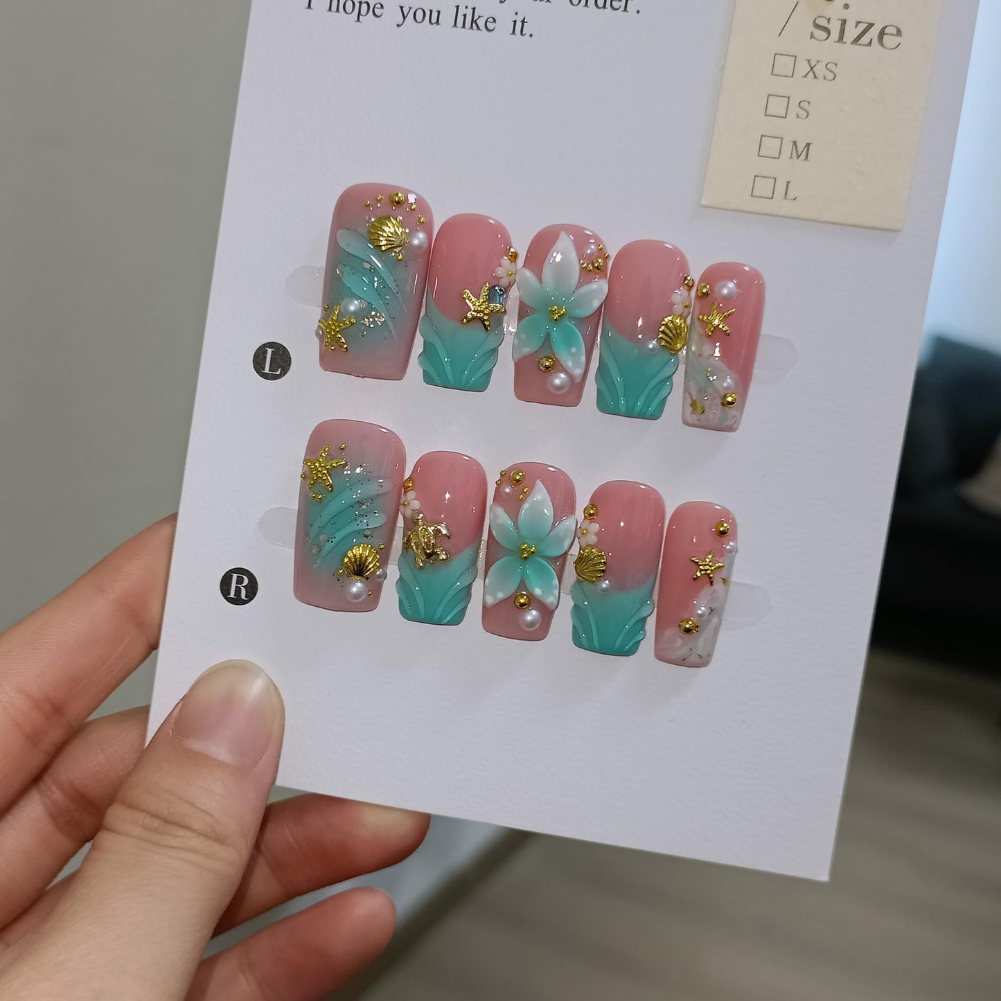 TENPAL Handmade Coffin Press on Nails Medium- Emerald Green Blushing Ombre Fake Nails with 3D Starfish & Shell Design, Coastal Elegance Style Glossy Acrylic Flowers False Nails with Tools(M)