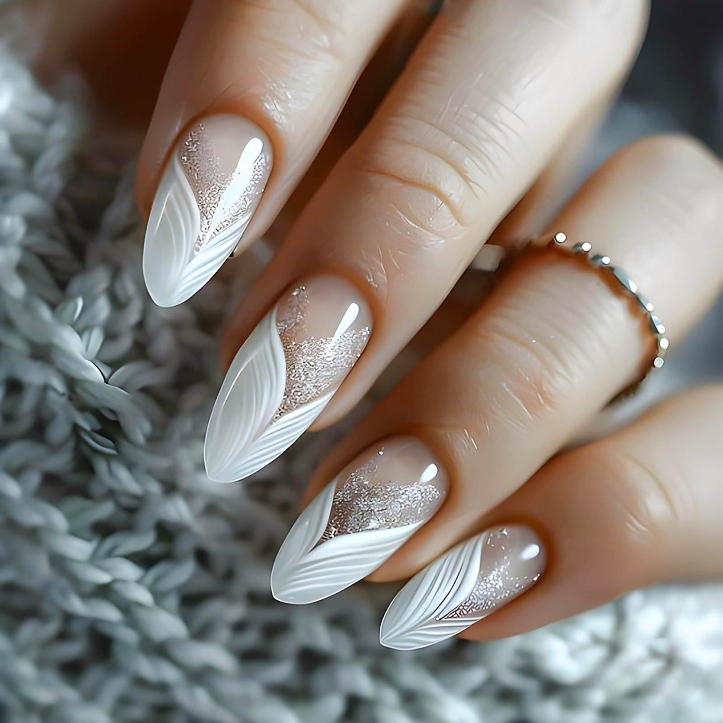 RUOKEXIN Almond Press on Nails White French Tip Fake Nails Medium False Nails with Silver Glitter Designs Almond Nail Press ons Nude Full Cover Glue on Nails Cute Stick on Nails for Women 24Pcs