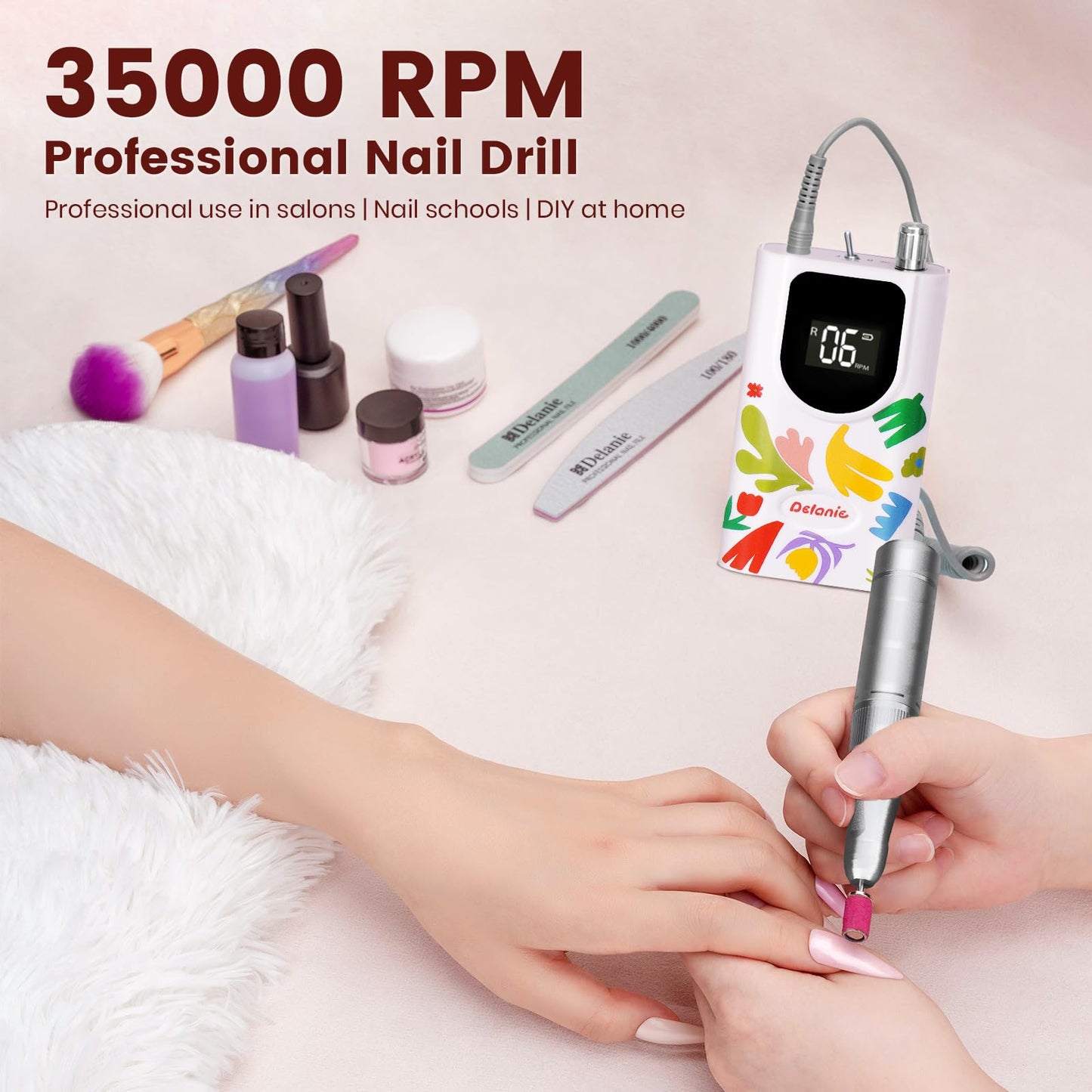 Delanie Professional Nail Drill High Torque 35000 RPM Rechargeable Portable Electric Nail File Filer for Acrylic Gel with Cuticle Bits, Salon Manicure Tool, Matisse White
