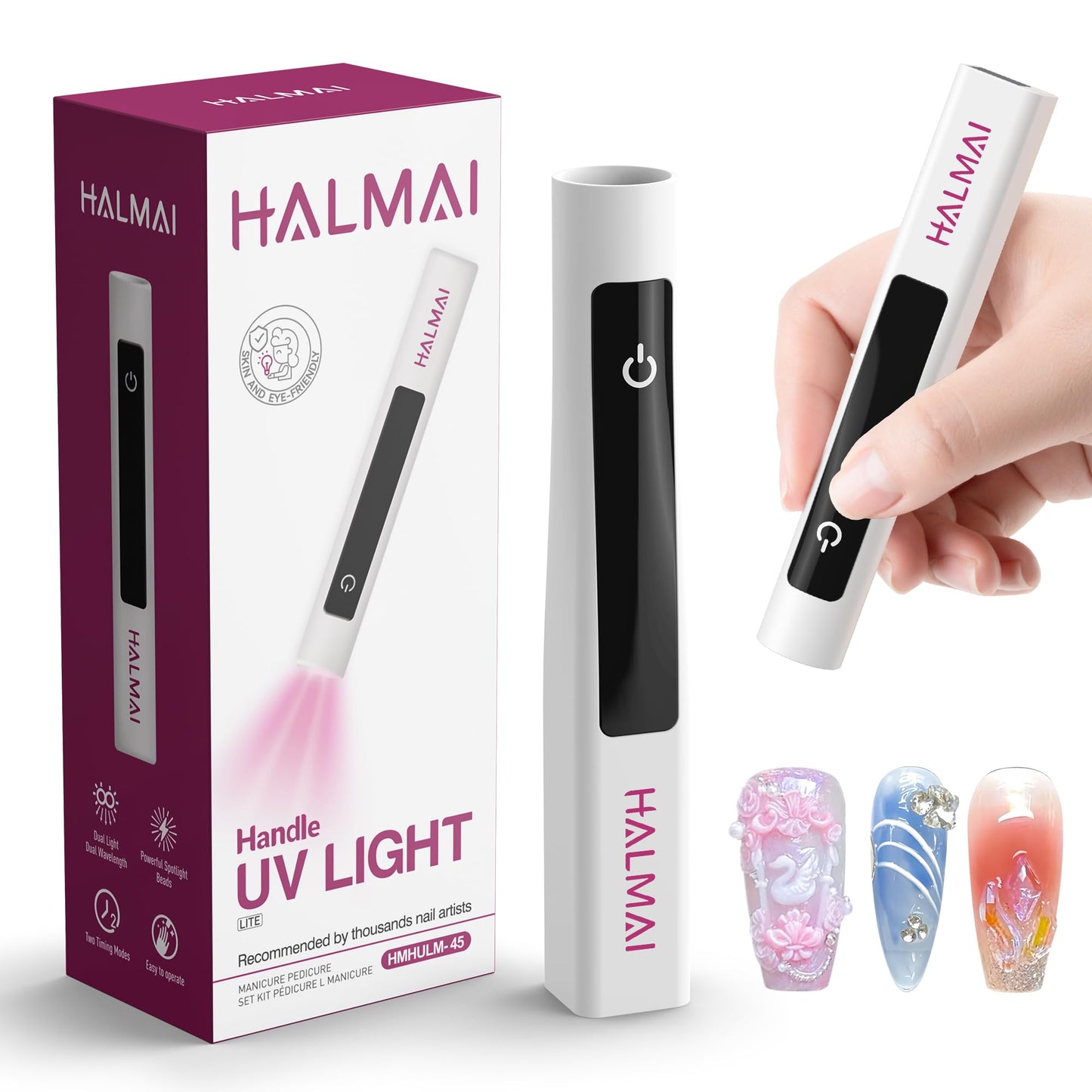 Halmai Handheld UV Nail Lamp for Gel Polish,Portable Mini Red Light with LED,Cordless Rechargeable USB Dryer,At-Home Manicure Salon Tool with Fingernail Curing,Nail Stamping & Cat Eye Magnet (White)
