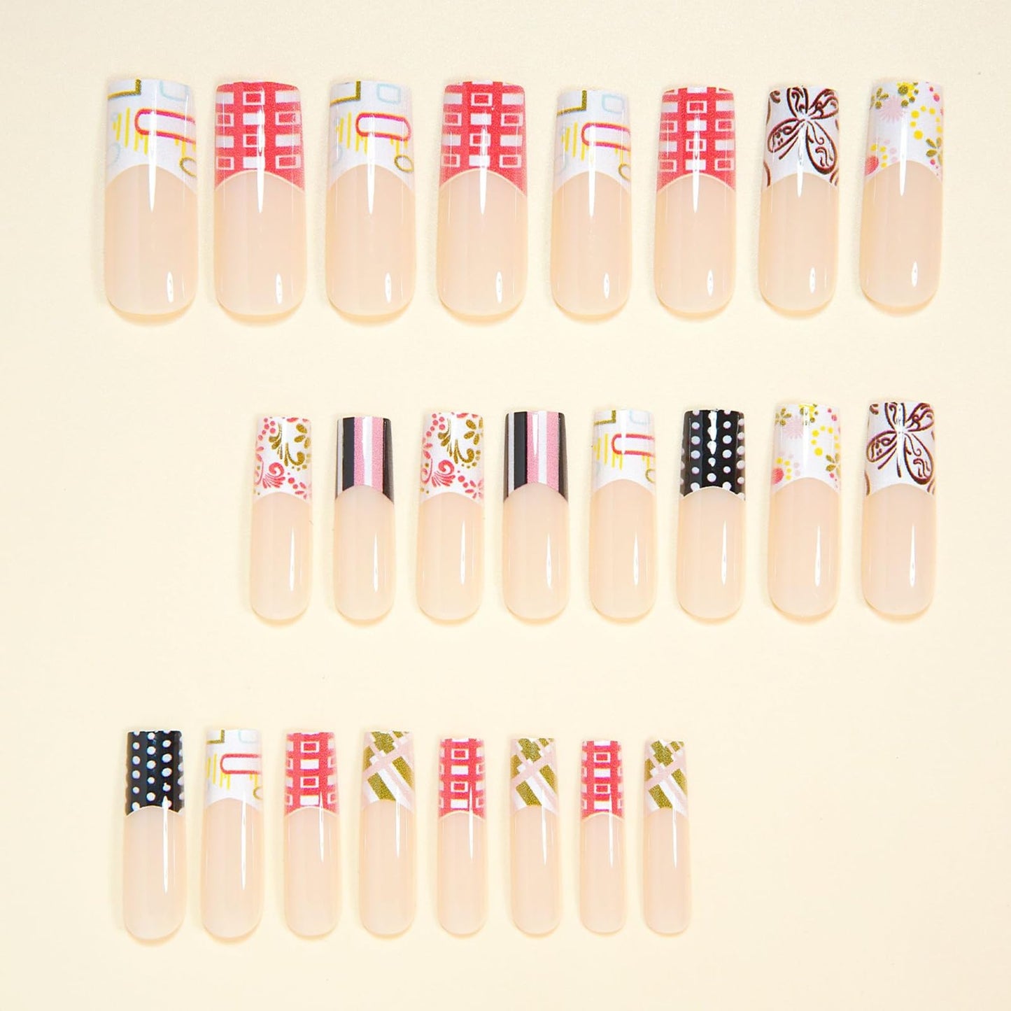 IMRAIN Long Press on Nails Square Fake Nails Artificial Acrylic French False Nails with Butterfly, Flower, Polka Dot Designs Full Cover Stick on Nails for Women 24Pcs